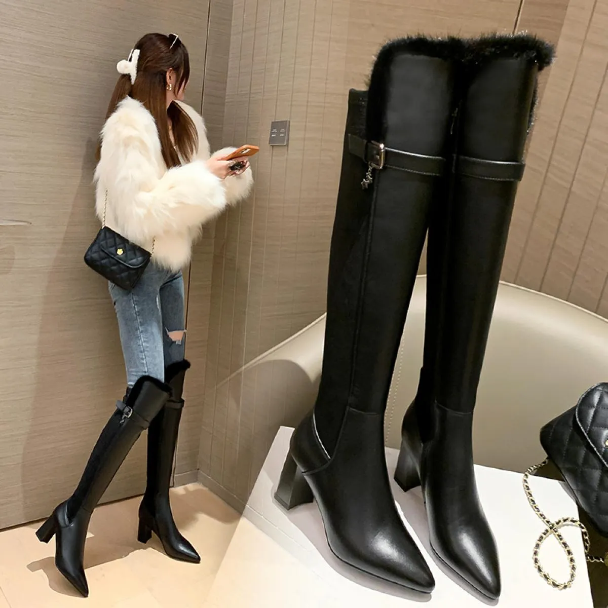 Stivali alti al ginocchio in pelle di mucca Stivali western al ginocchio da donna Stivali western in pelle al ginocchio Stivali