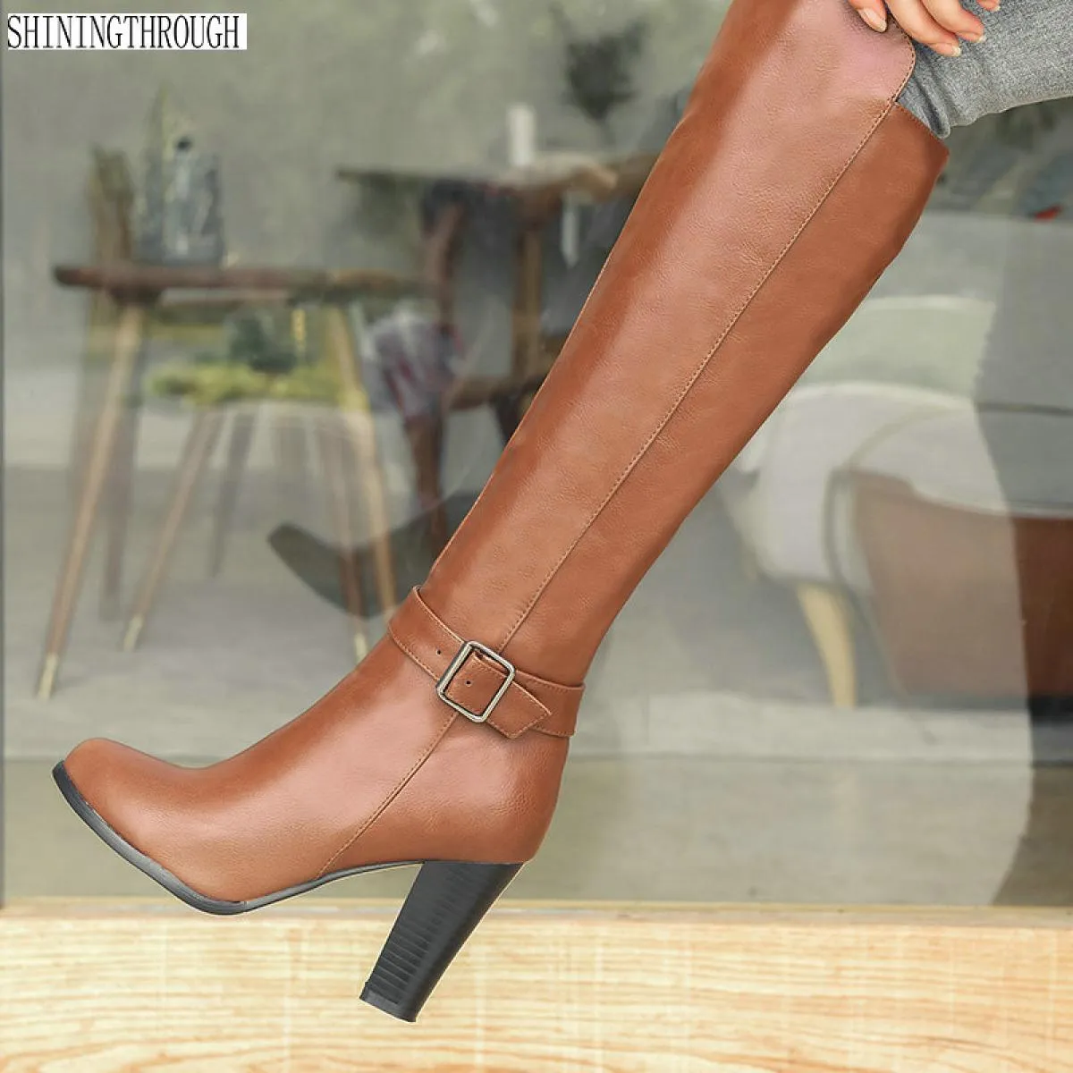 Stivali alti al ginocchio Stivali eleganti da donna in pelle con tacco Stivali eleganti in pelle da ufficio Stivali da donna