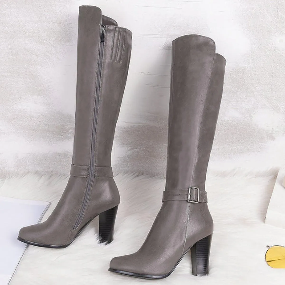 Stivali alti al ginocchio Stivali eleganti da donna in pelle con tacco Stivali eleganti in pelle da ufficio Stivali da donna