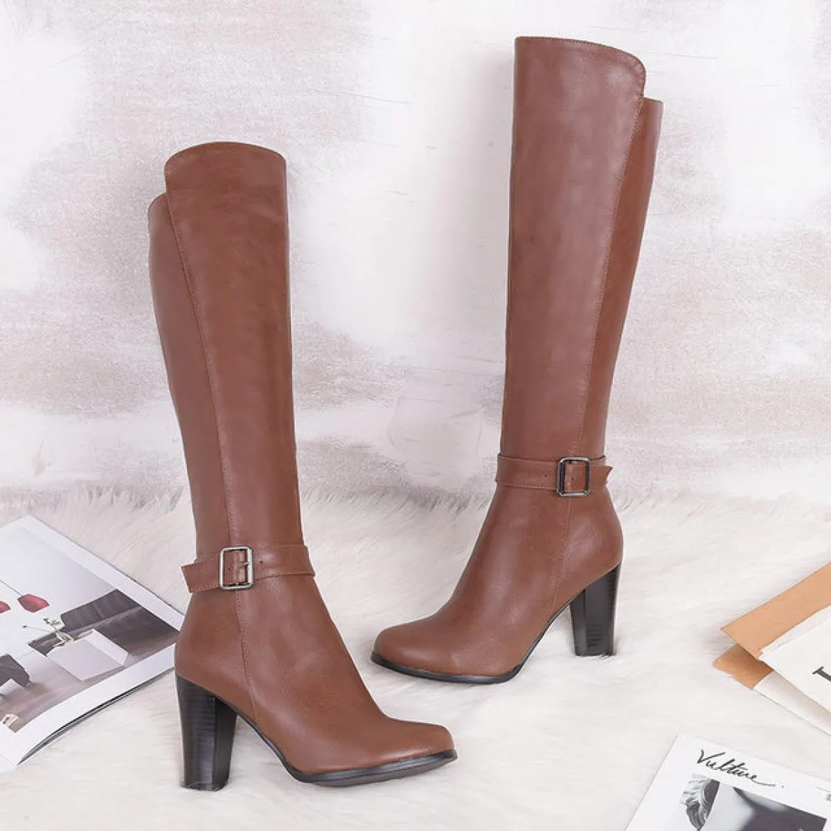 Stivali alti al ginocchio Stivali eleganti da donna in pelle con tacco Stivali eleganti in pelle da ufficio Stivali da donna