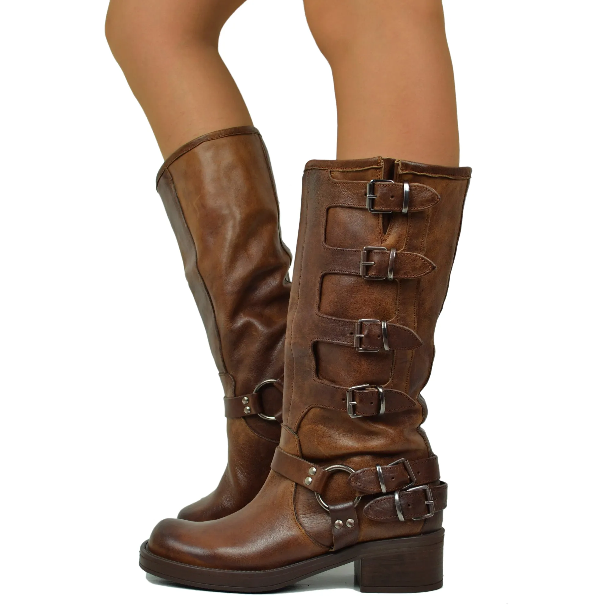 Stivali Biker 5 Fibbie in Pelle Vintage Cacao Punta Squadrata