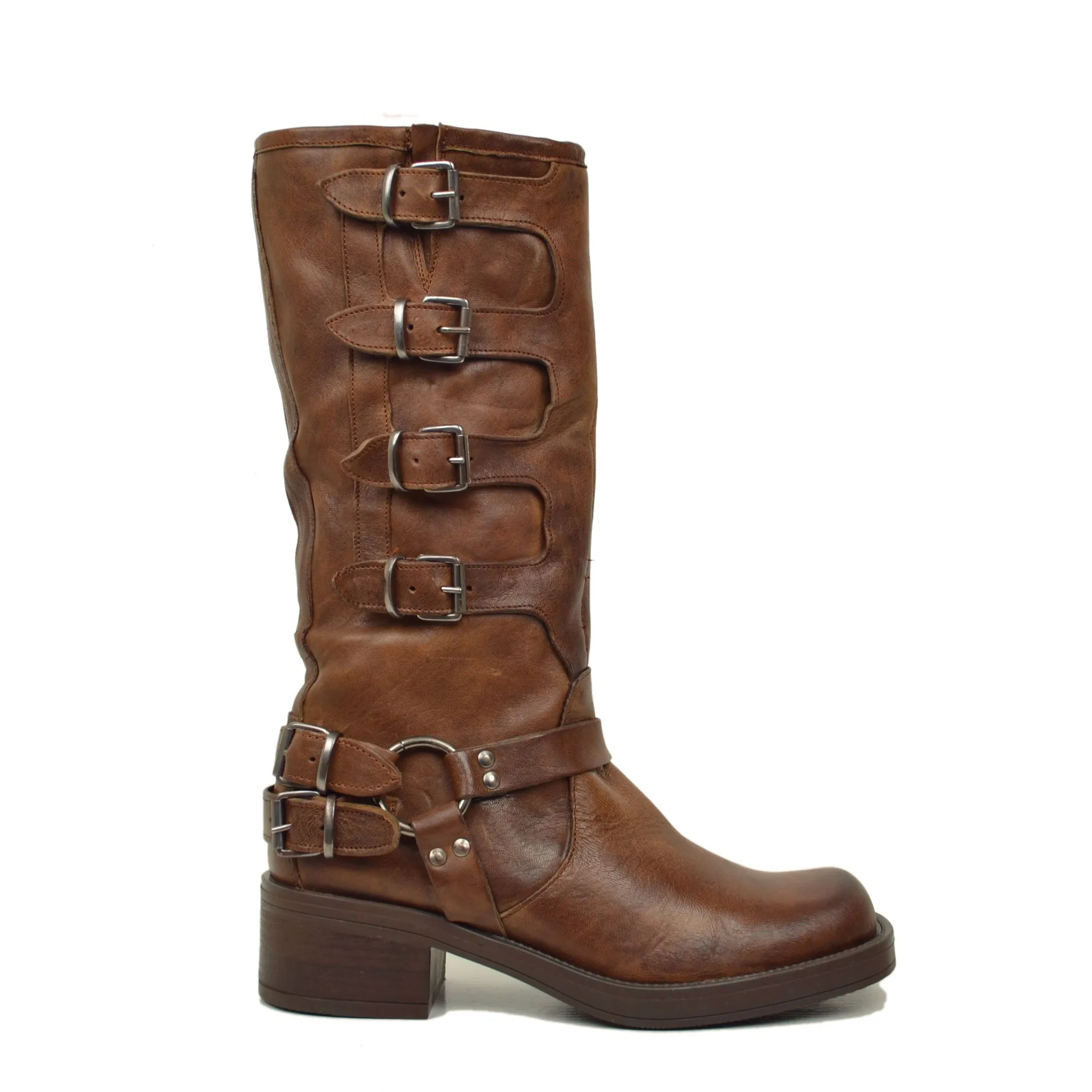 Stivali Biker 5 Fibbie in Pelle Vintage Cacao Punta Squadrata