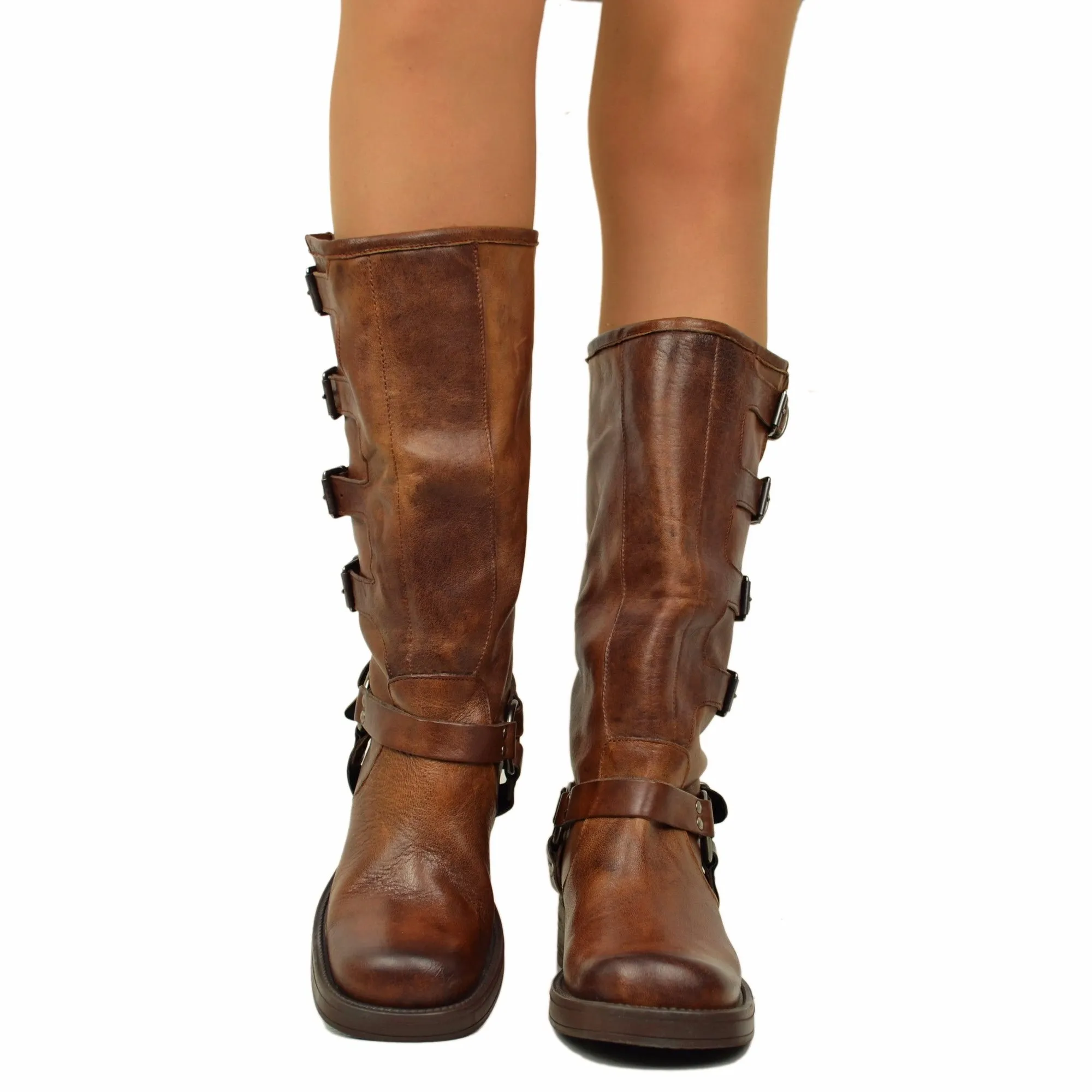 Stivali Biker 5 Fibbie in Pelle Vintage Cacao Punta Squadrata