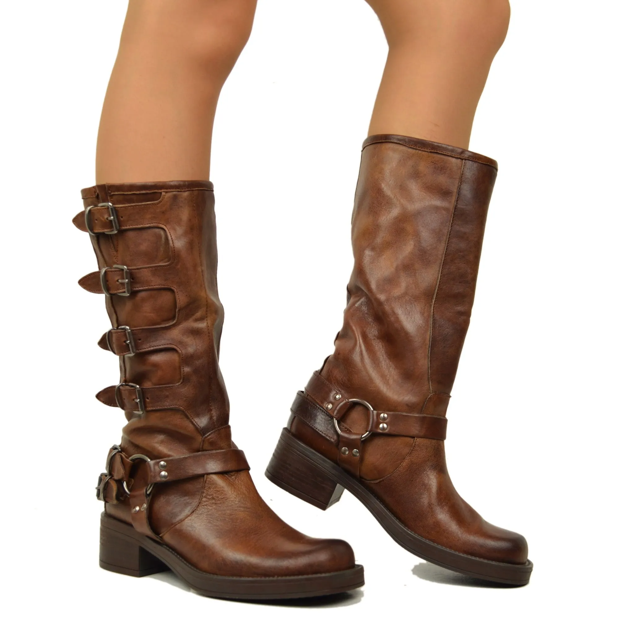 Stivali Biker 5 Fibbie in Pelle Vintage Cacao Punta Squadrata