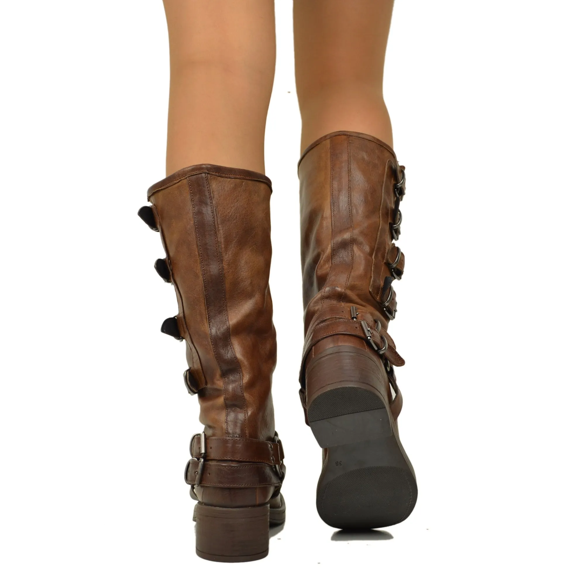 Stivali Biker 5 Fibbie in Pelle Vintage Cacao Punta Squadrata