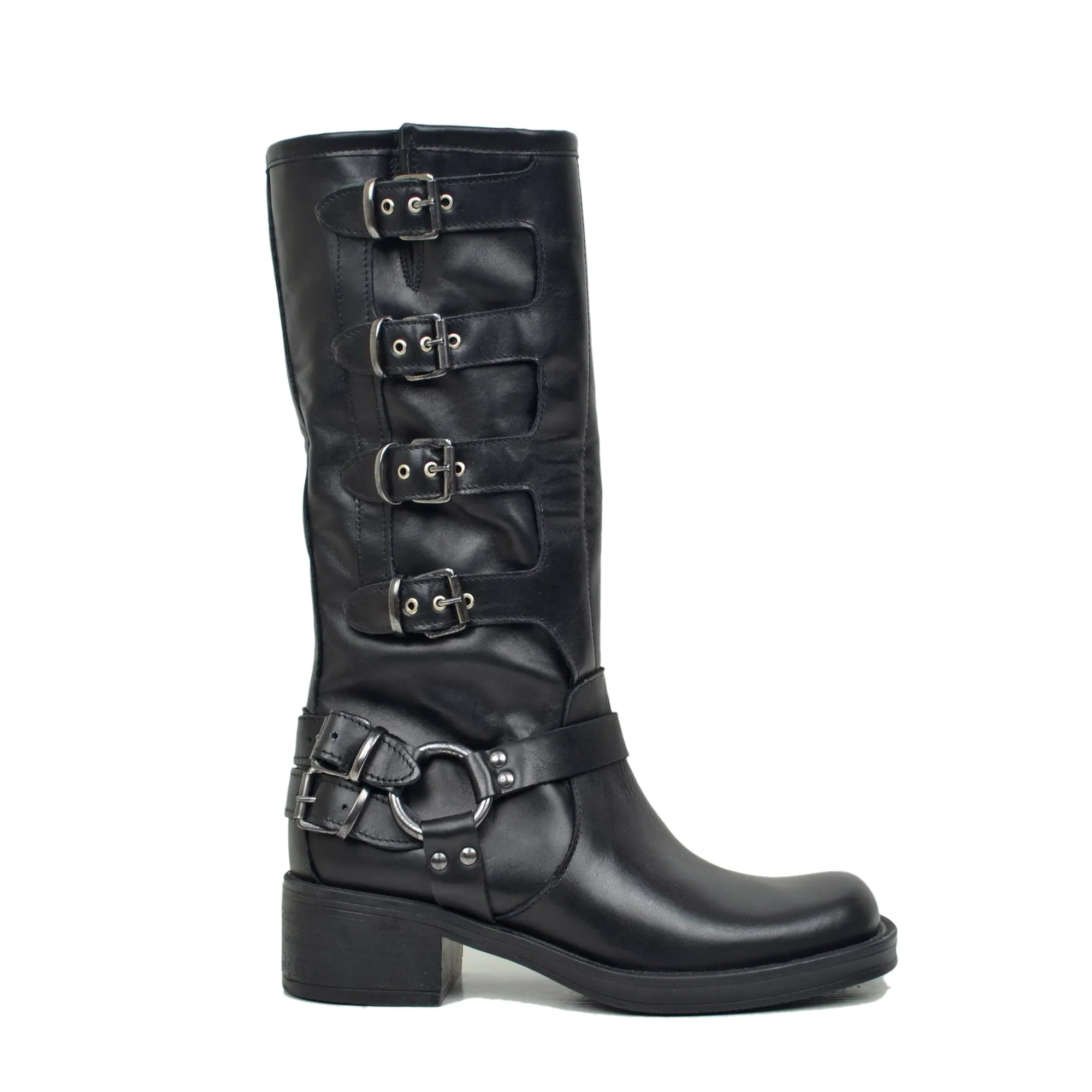 Stivali Biker 5 Fibbie Neri Punta Quadrata in Pelle Made in Italy