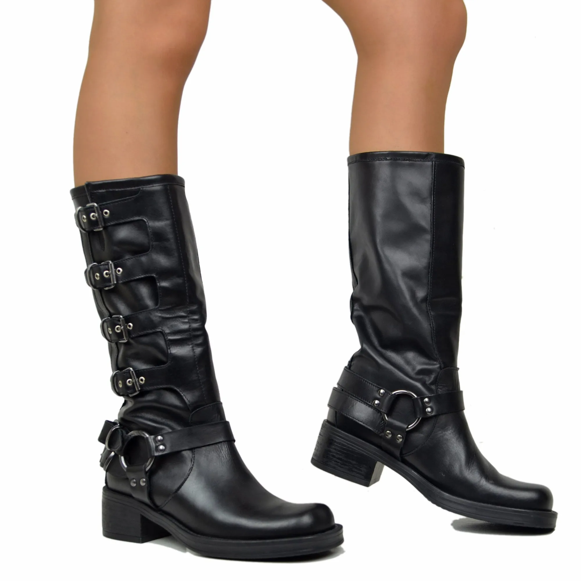 Stivali Biker 5 Fibbie Neri Punta Quadrata in Pelle Made in Italy