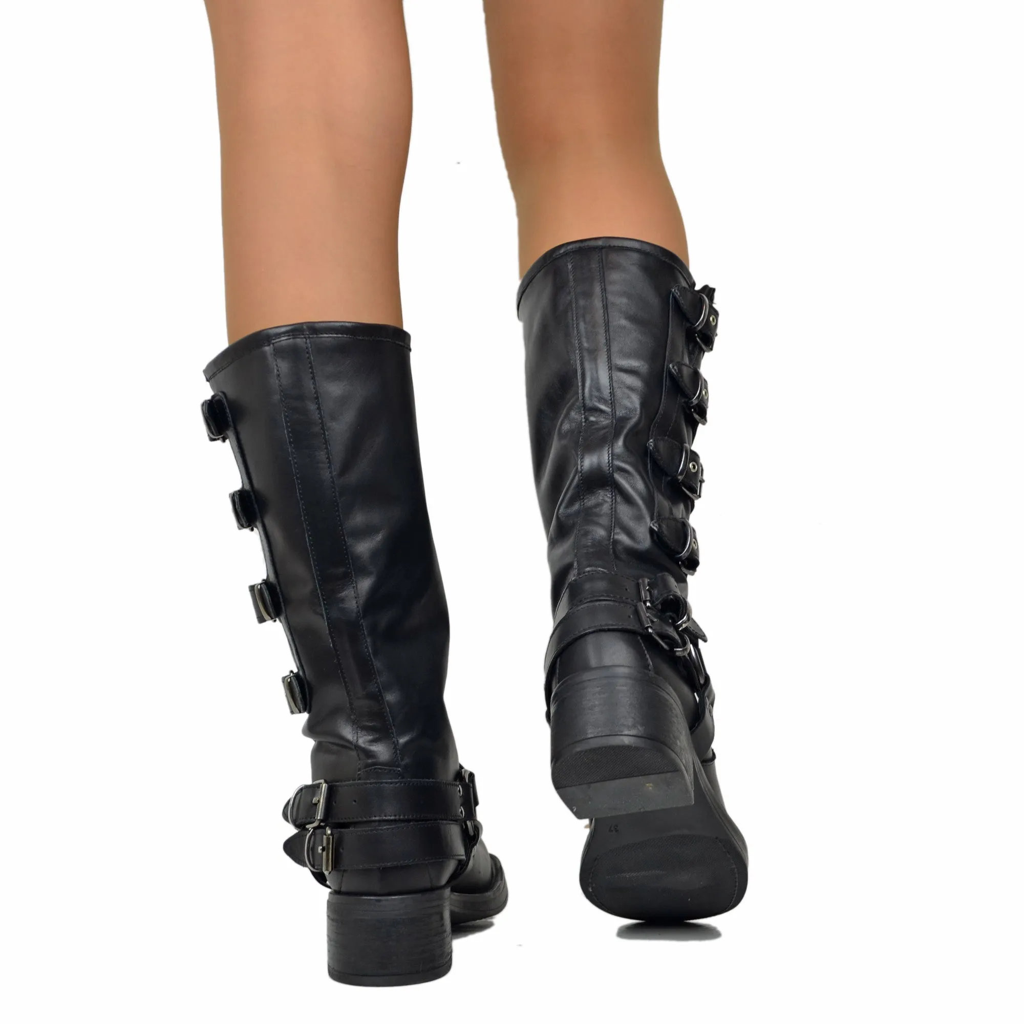 Stivali Biker 5 Fibbie Neri Punta Quadrata in Pelle Made in Italy