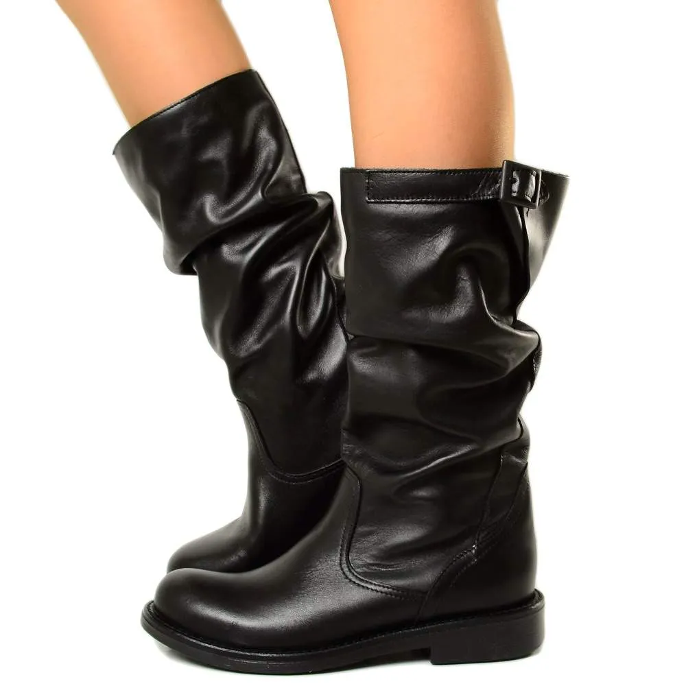 Stivali Biker Boots Comodi a Metà Polpaccio in Vera Pelle Nera