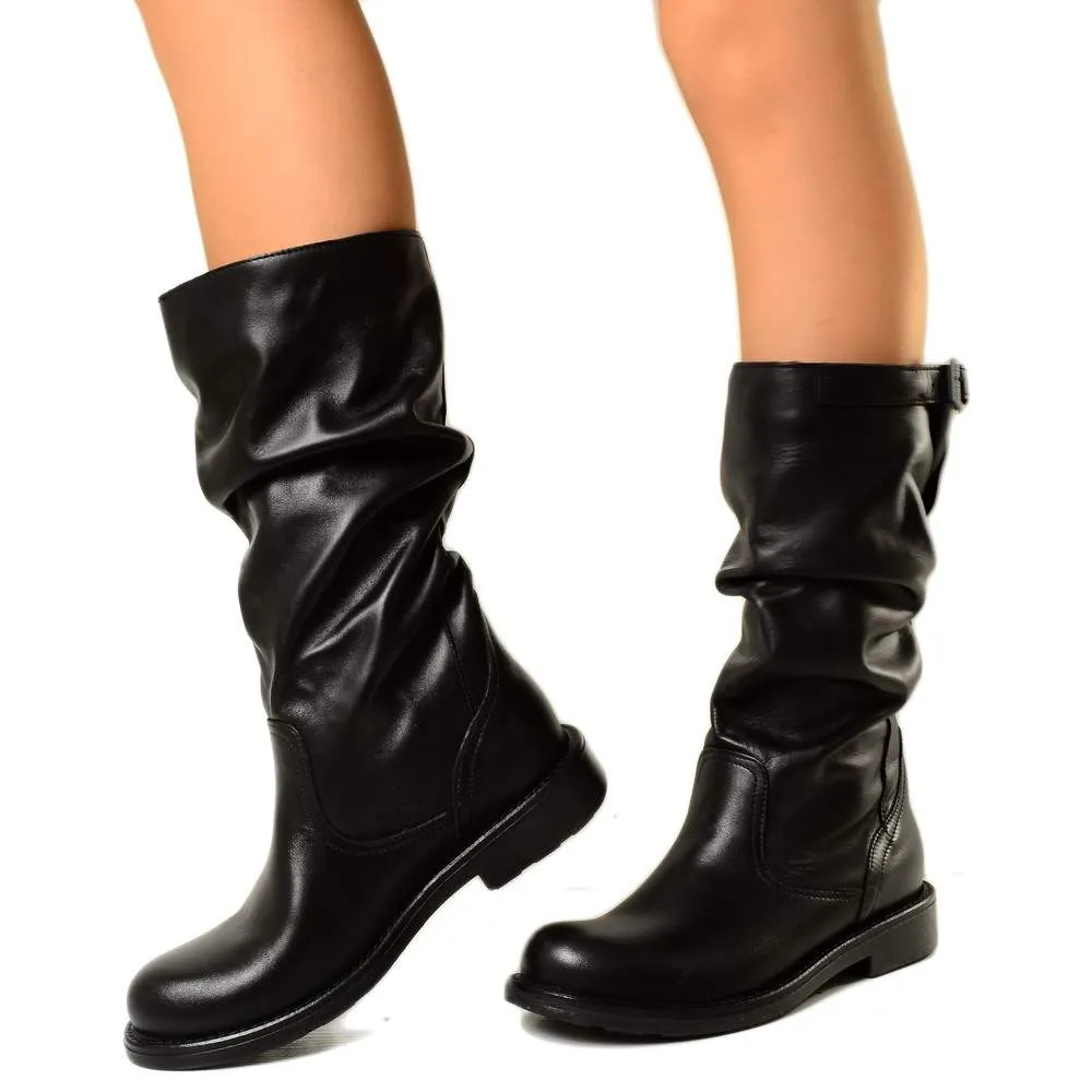 Stivali Biker Boots Comodi a Metà Polpaccio in Vera Pelle Nera