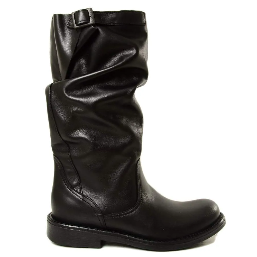 Stivali Biker Boots Comodi a Metà Polpaccio in Vera Pelle Nera