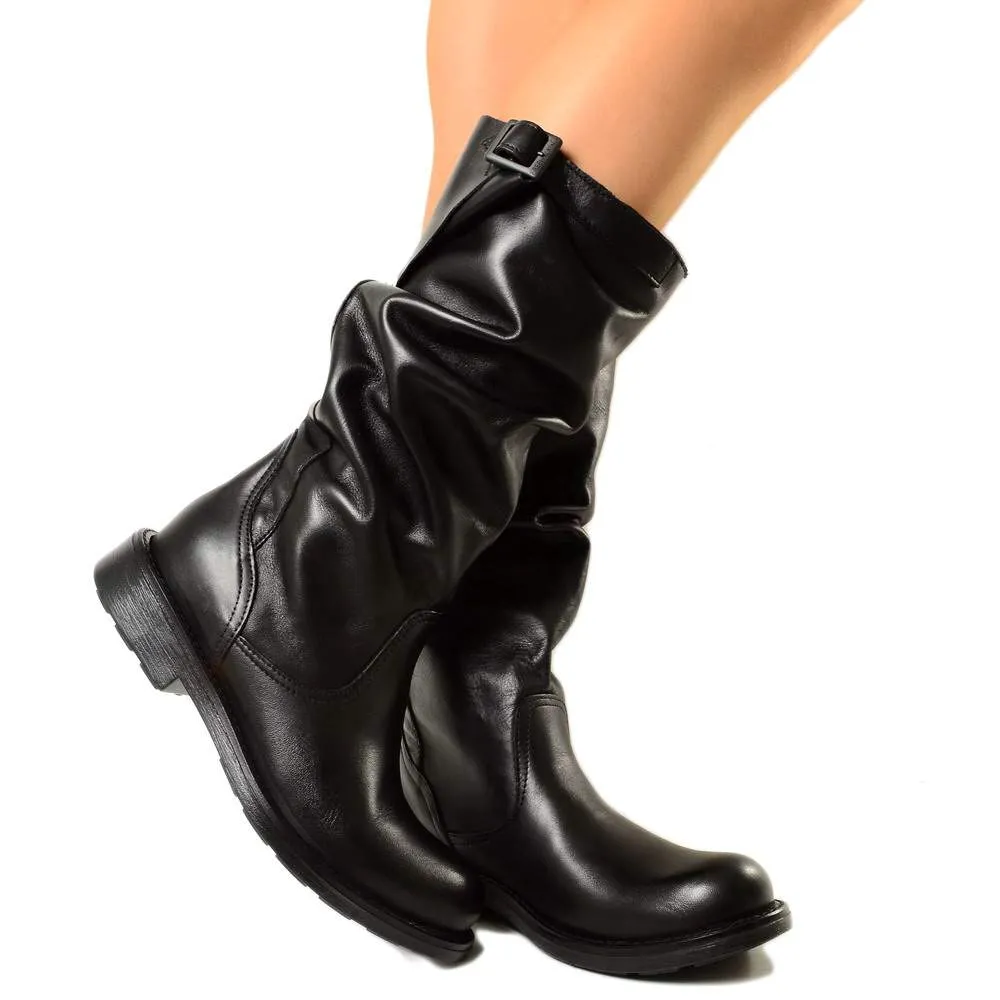 Stivali Biker Boots Comodi a Metà Polpaccio in Vera Pelle Nera
