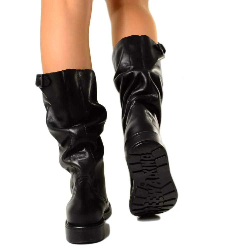 Stivali Biker Boots Comodi a Metà Polpaccio in Vera Pelle Nera