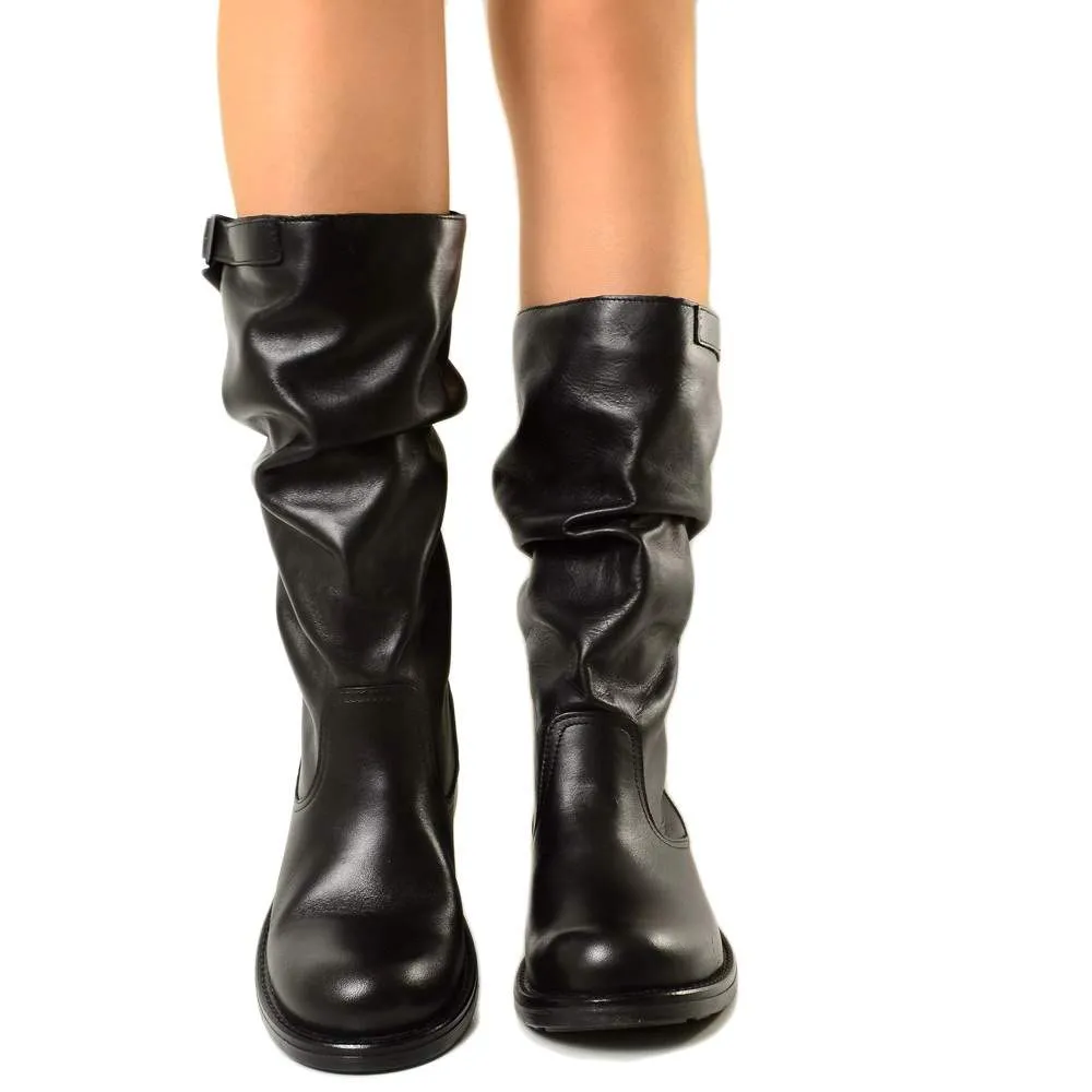 Stivali Biker Boots Comodi a Metà Polpaccio in Vera Pelle Nera