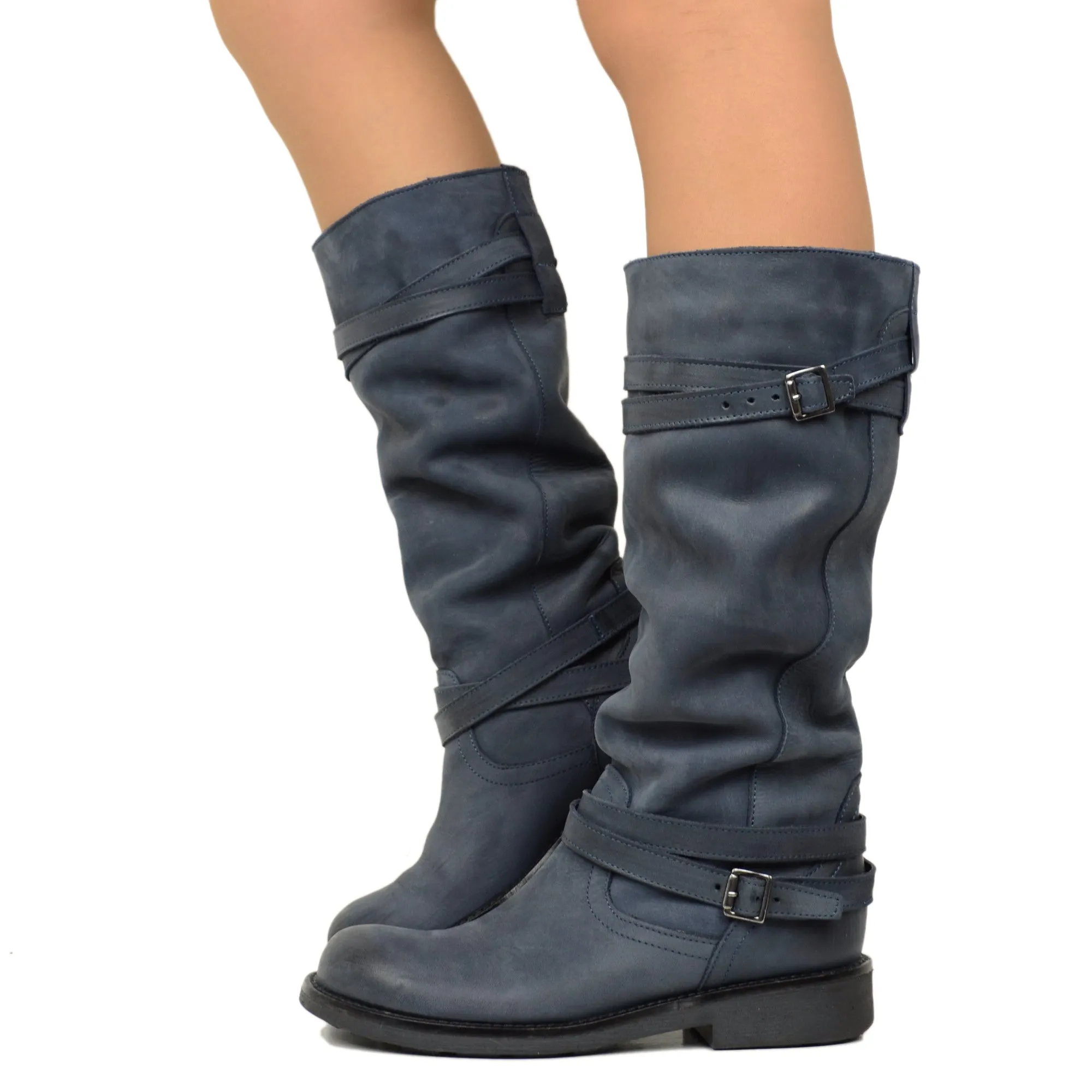 Stivali Camperos Alti Donna in Pelle Vintage Sfumata Blu
