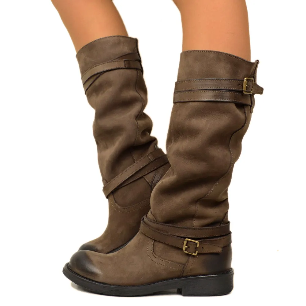 Stivali Camperos Alti Donna in Pelle Vintage Sfumata Testa di Moro