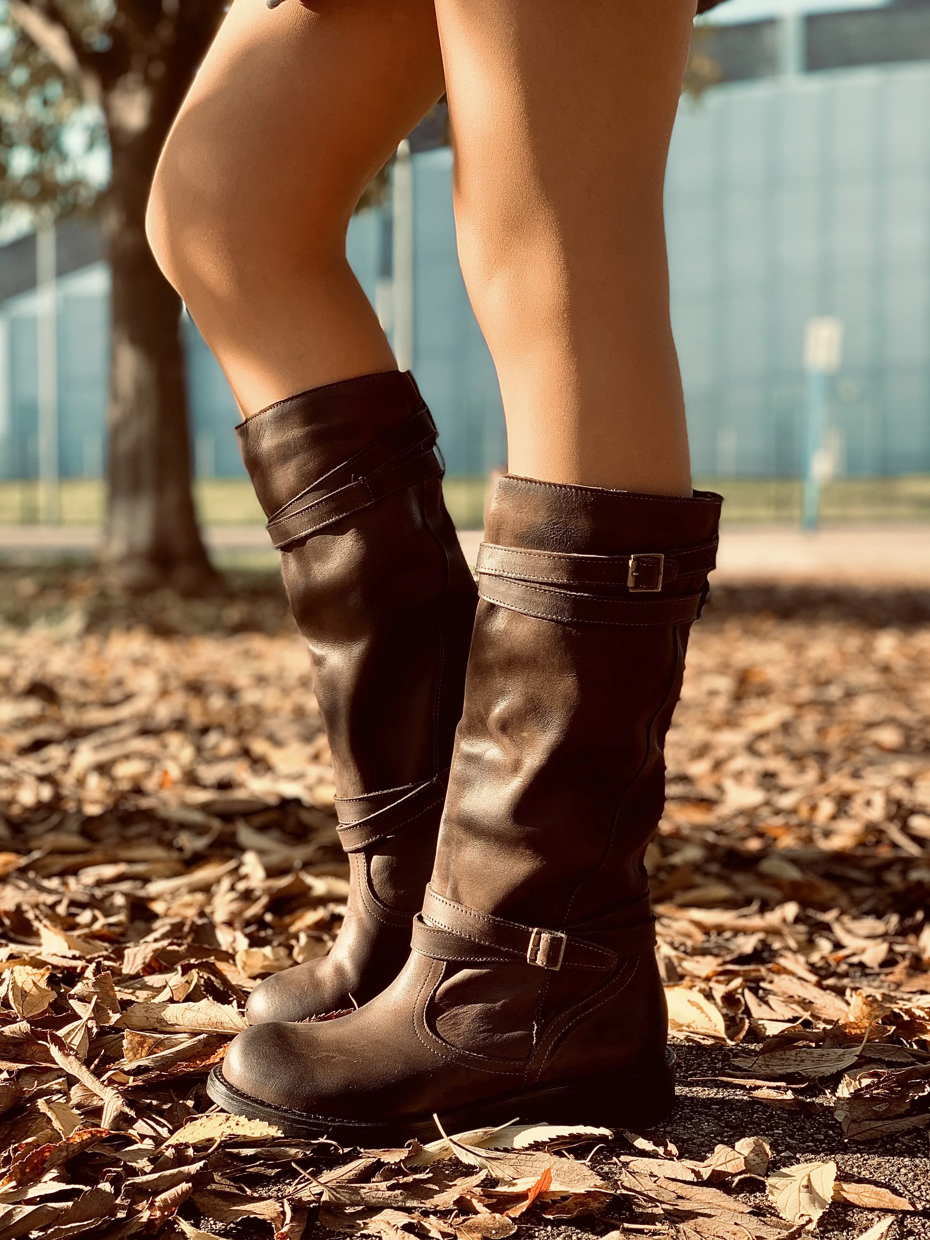 Stivali Camperos Alti Donna in Pelle Vintage Sfumata Testa di Moro