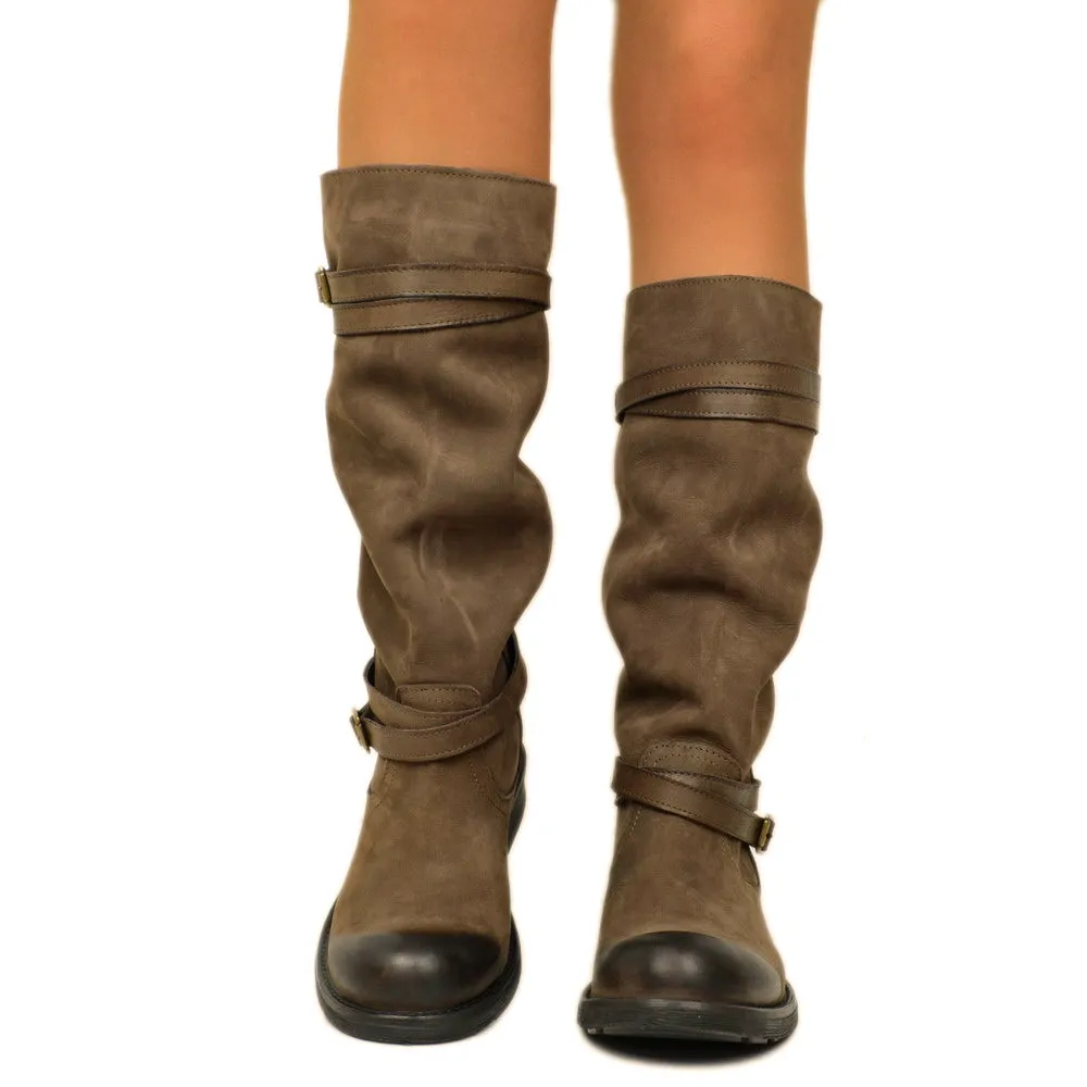 Stivali Camperos Alti Donna in Pelle Vintage Sfumata Testa di Moro
