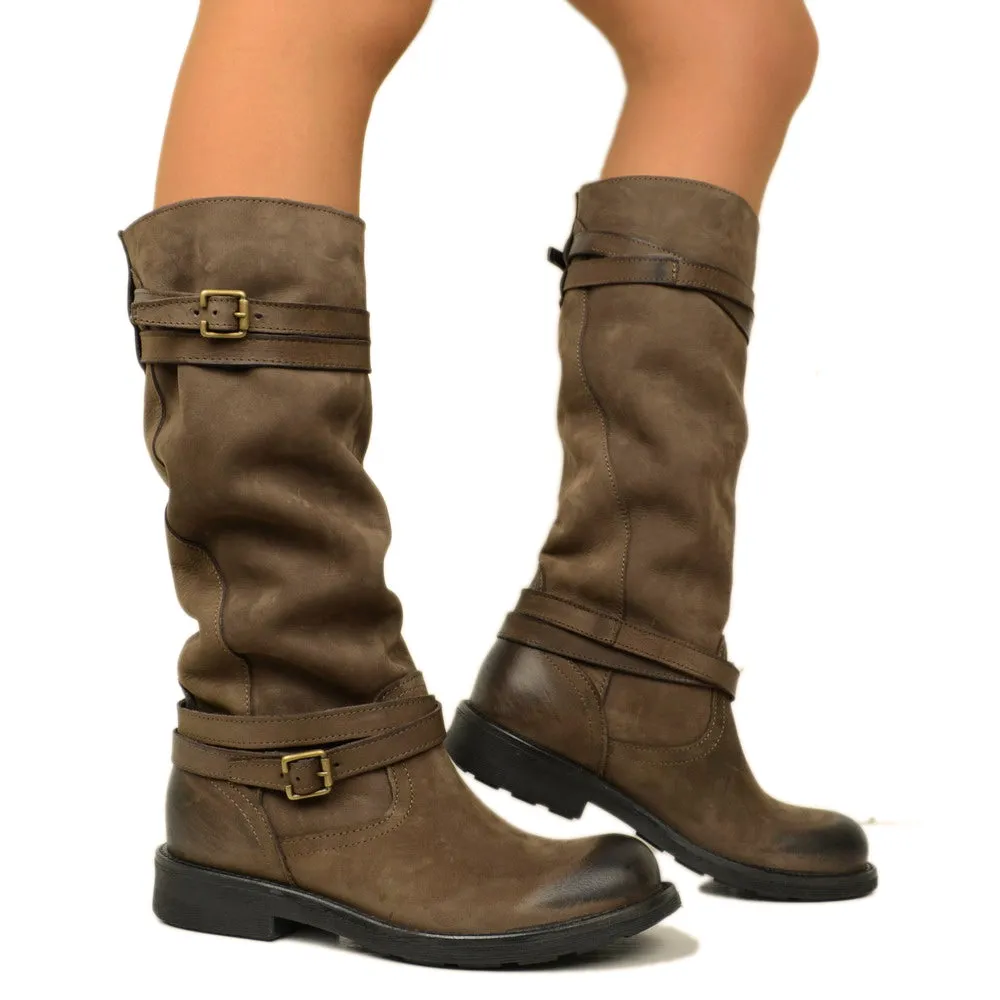 Stivali Camperos Alti Donna in Pelle Vintage Sfumata Testa di Moro