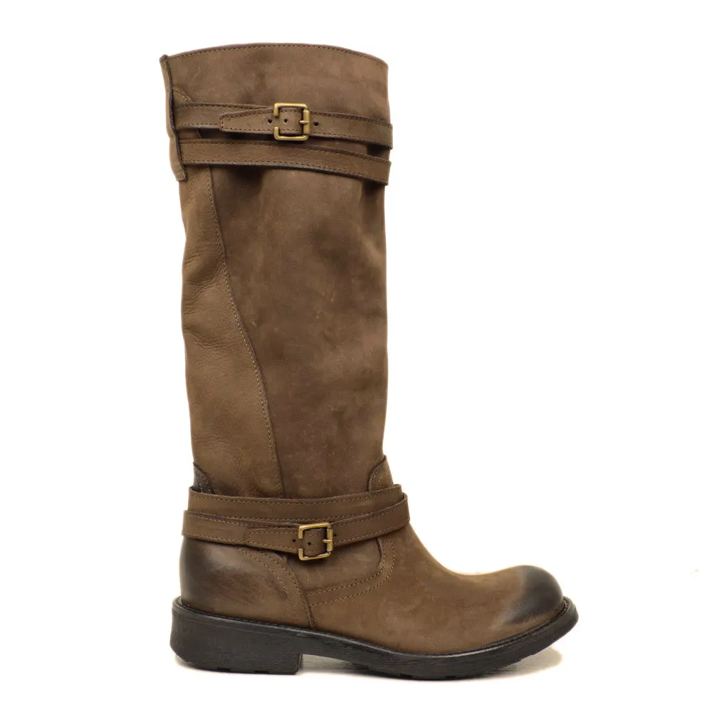 Stivali Camperos Alti Donna in Pelle Vintage Sfumata Testa di Moro