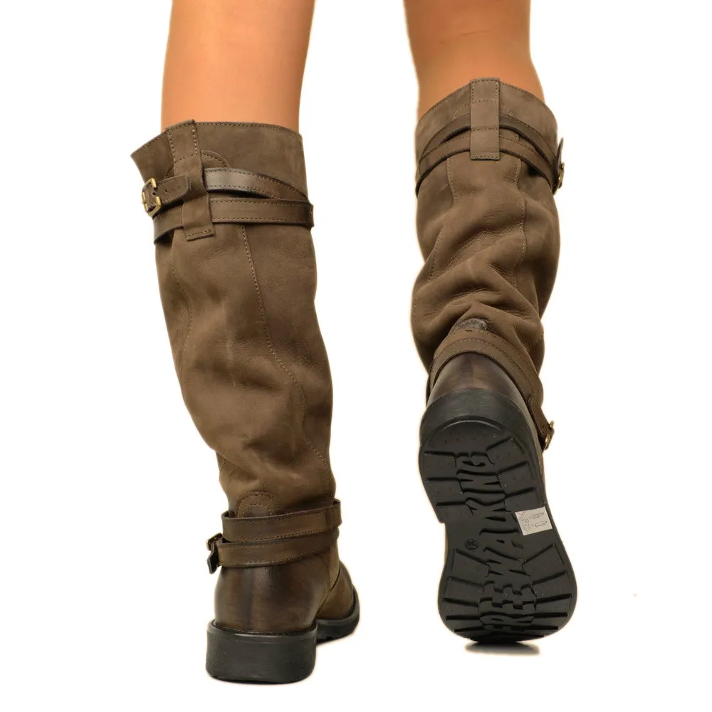 Stivali Camperos Alti Donna in Pelle Vintage Sfumata Testa di Moro
