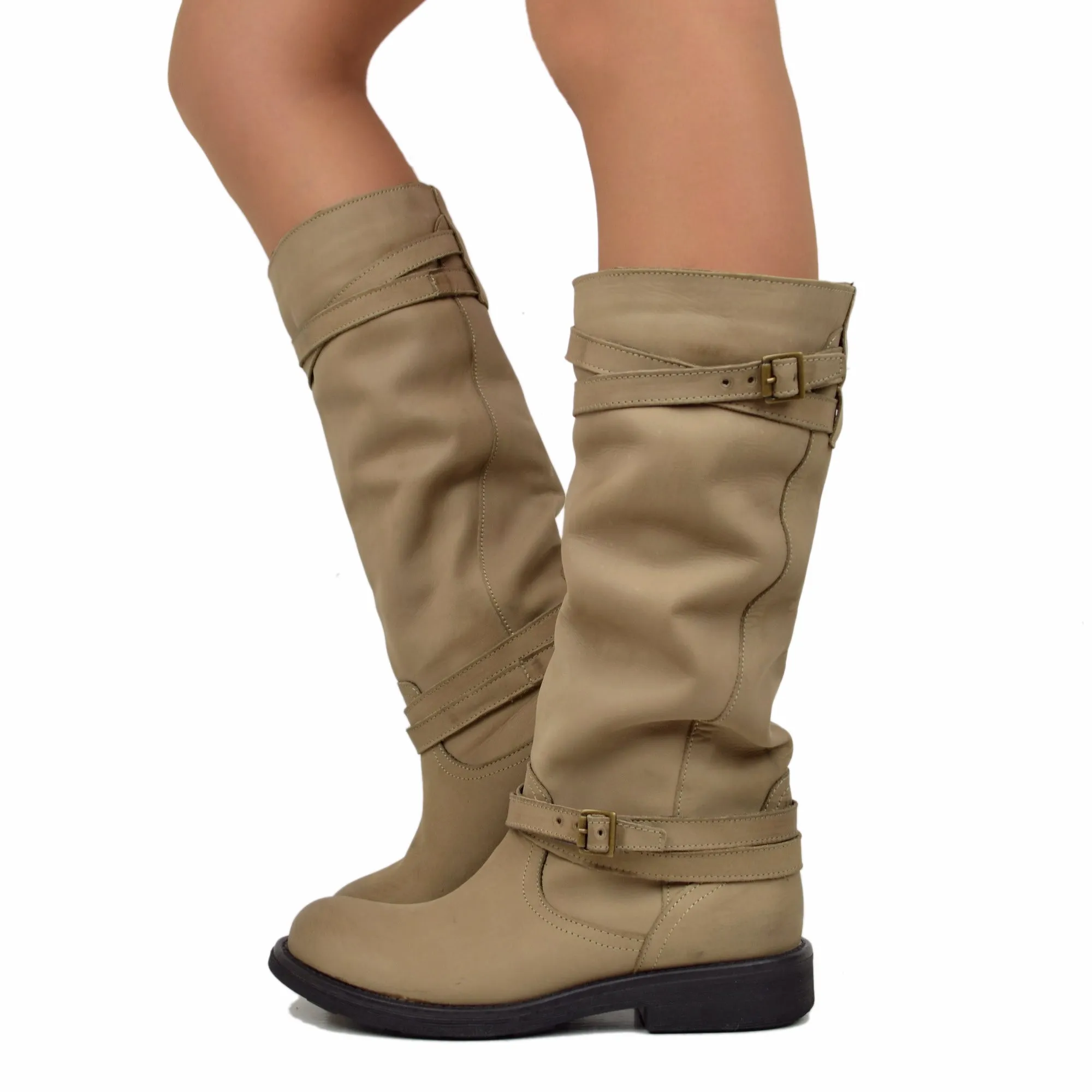 Stivali Camperos Alti Donna Pelle Vintage Sfumata Taupe