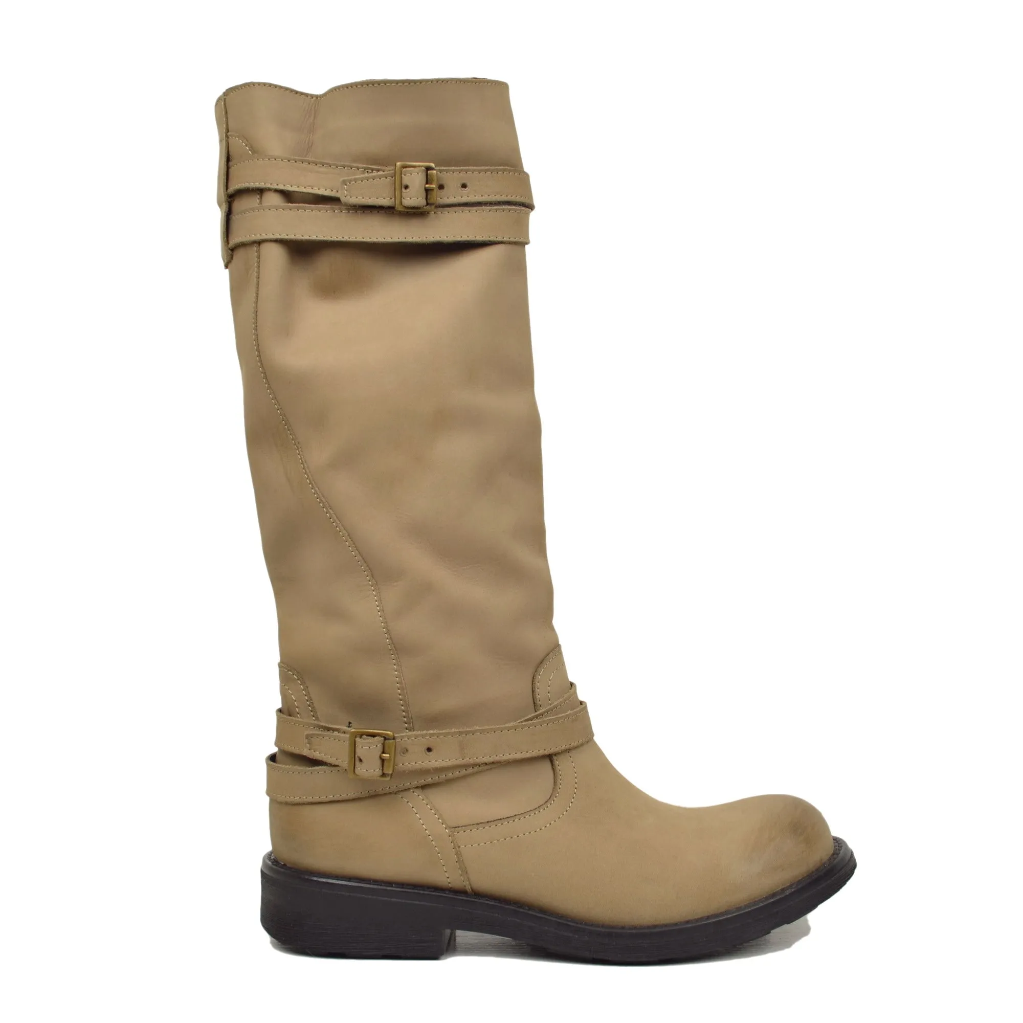 Stivali Camperos Alti Donna Pelle Vintage Sfumata Taupe