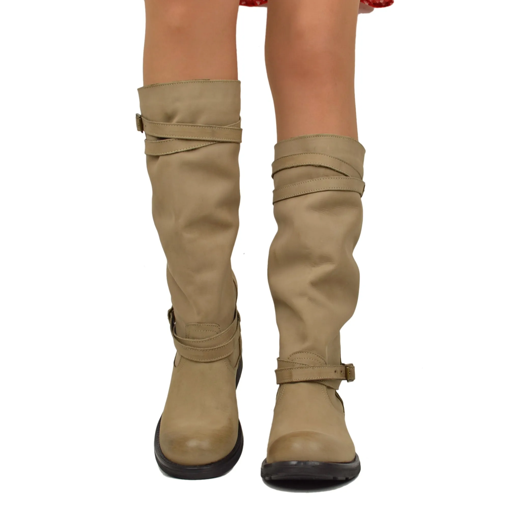Stivali Camperos Alti Donna Pelle Vintage Sfumata Taupe