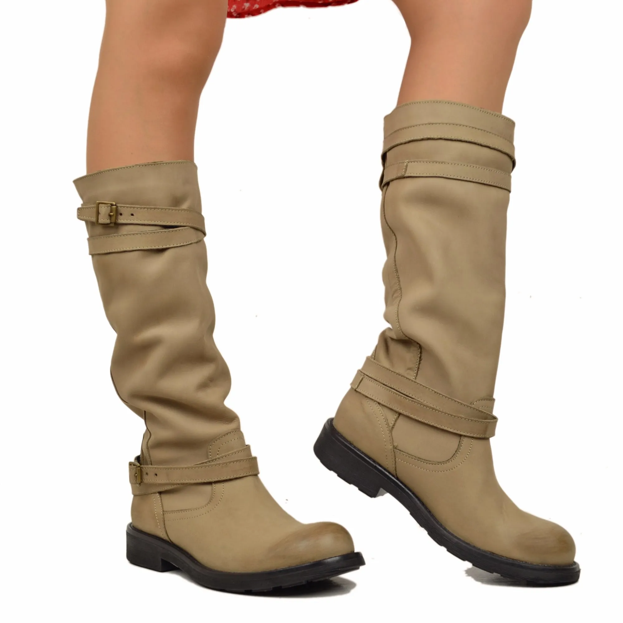 Stivali Camperos Alti Donna Pelle Vintage Sfumata Taupe
