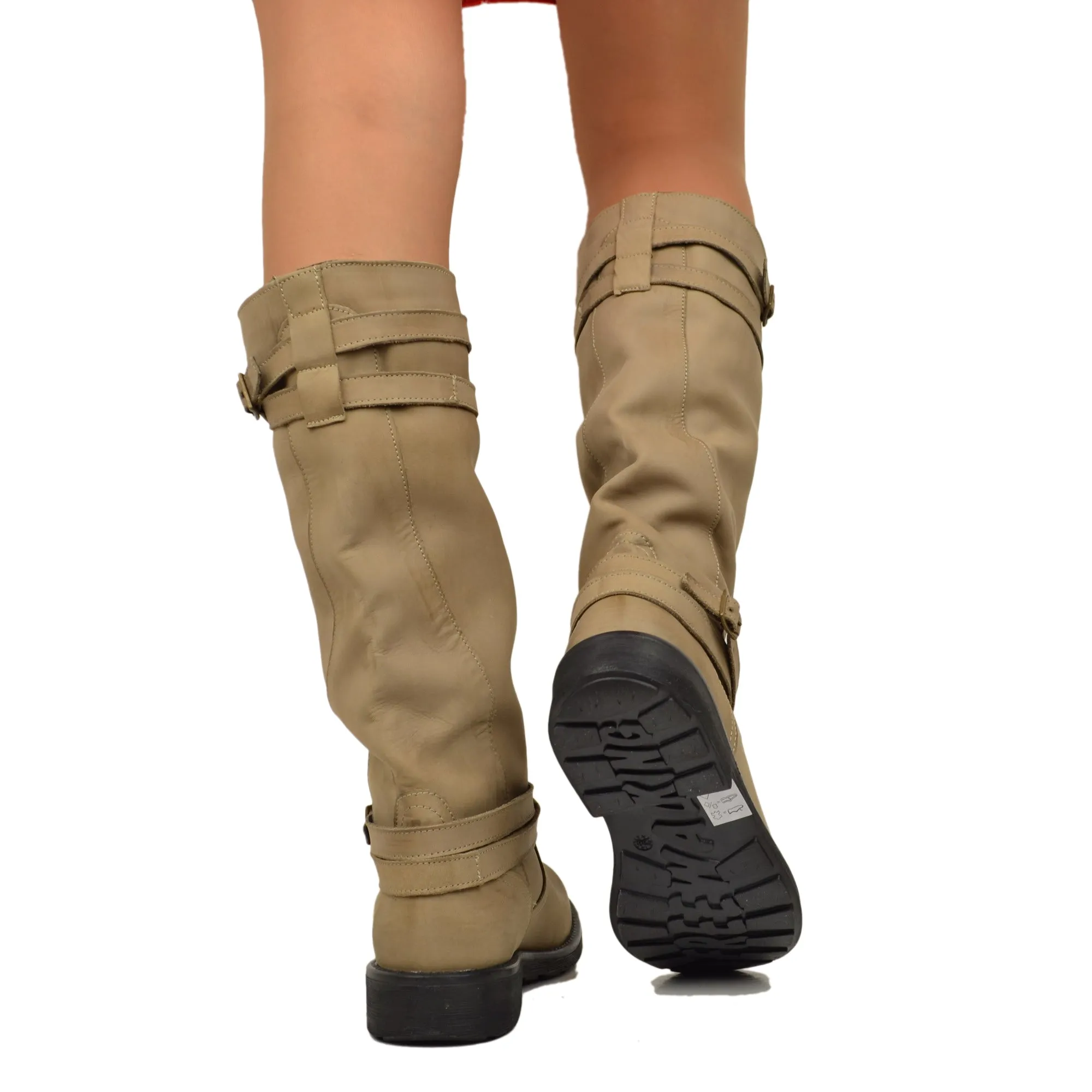 Stivali Camperos Alti Donna Pelle Vintage Sfumata Taupe