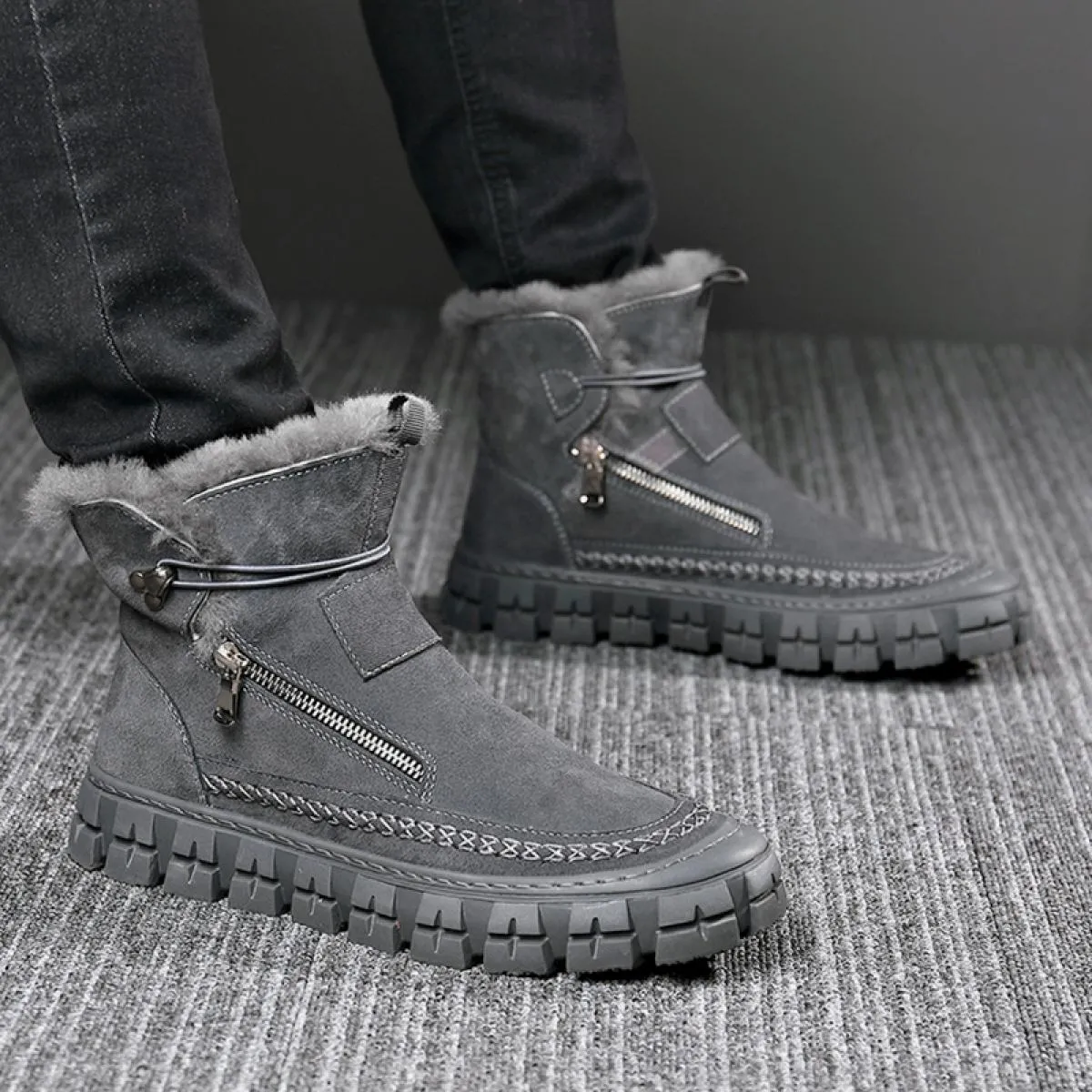 Stivali da neve Stivali corti pigri integrati in pelle e pelliccia da uomo Scarpe invernali in pelle con tubo centrale in lana f
