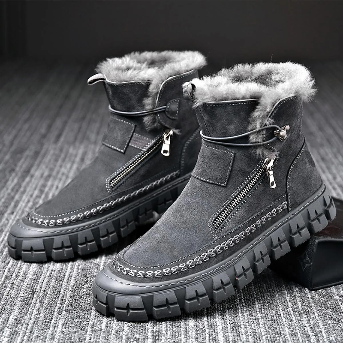 Stivali da neve Stivali corti pigri integrati in pelle e pelliccia da uomo Scarpe invernali in pelle con tubo centrale in lana f