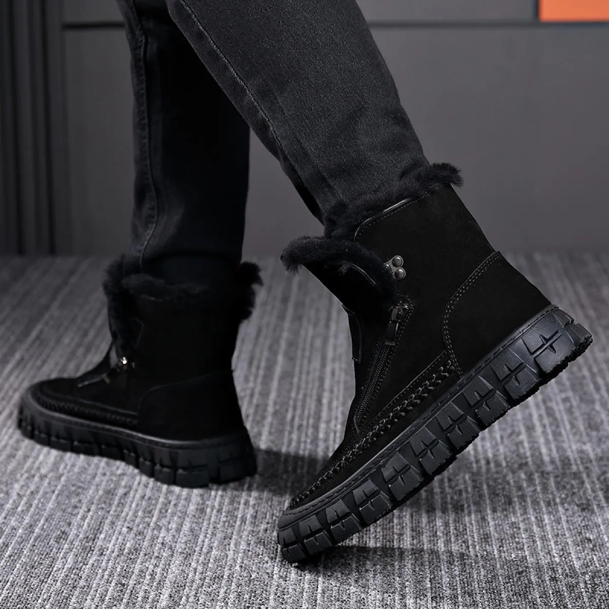 Stivali da neve Stivali corti pigri integrati in pelle e pelliccia da uomo Scarpe invernali in pelle con tubo centrale in lana f