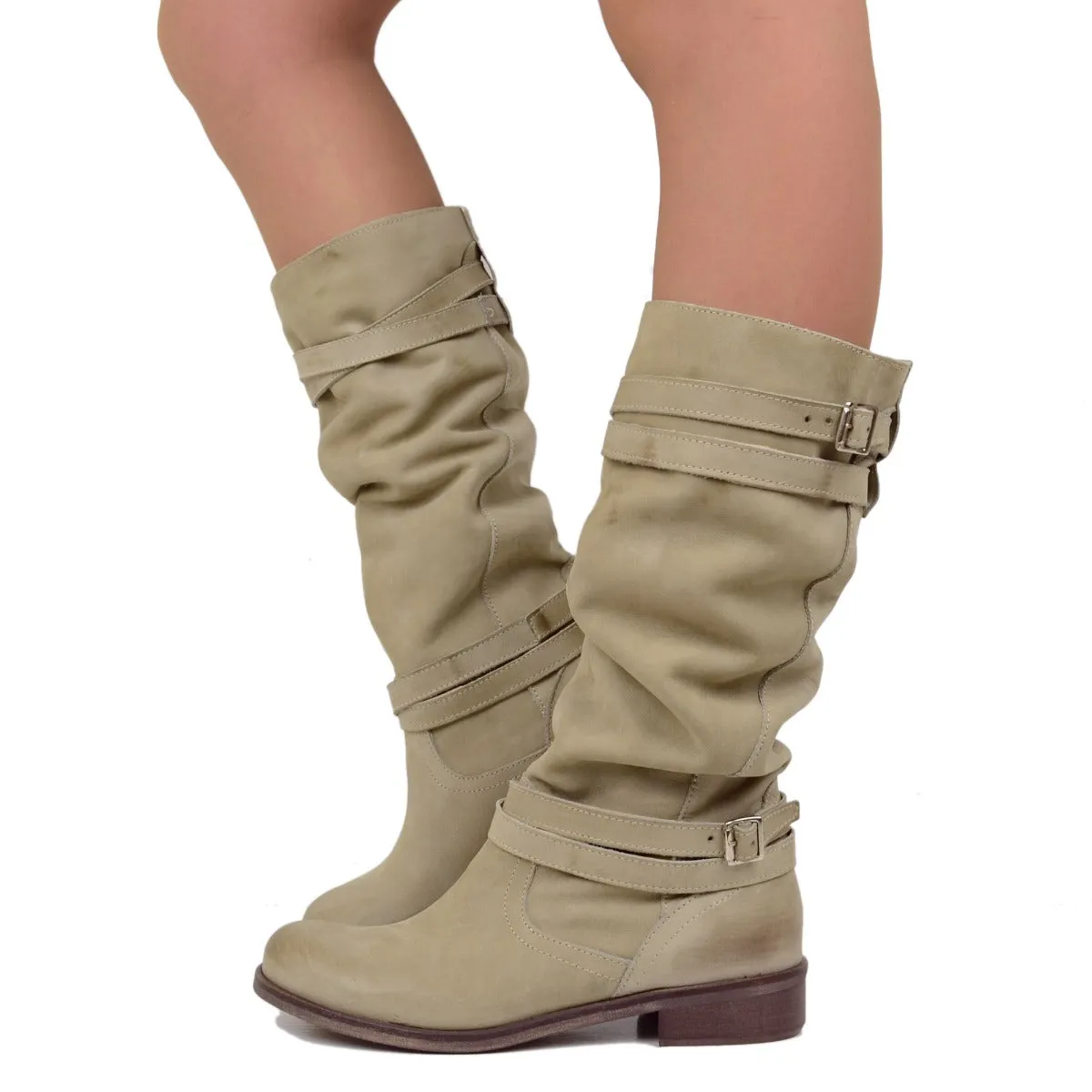 Stivali Donna Biker Estivi in Pelle Nabuk Taupe Made in Italy