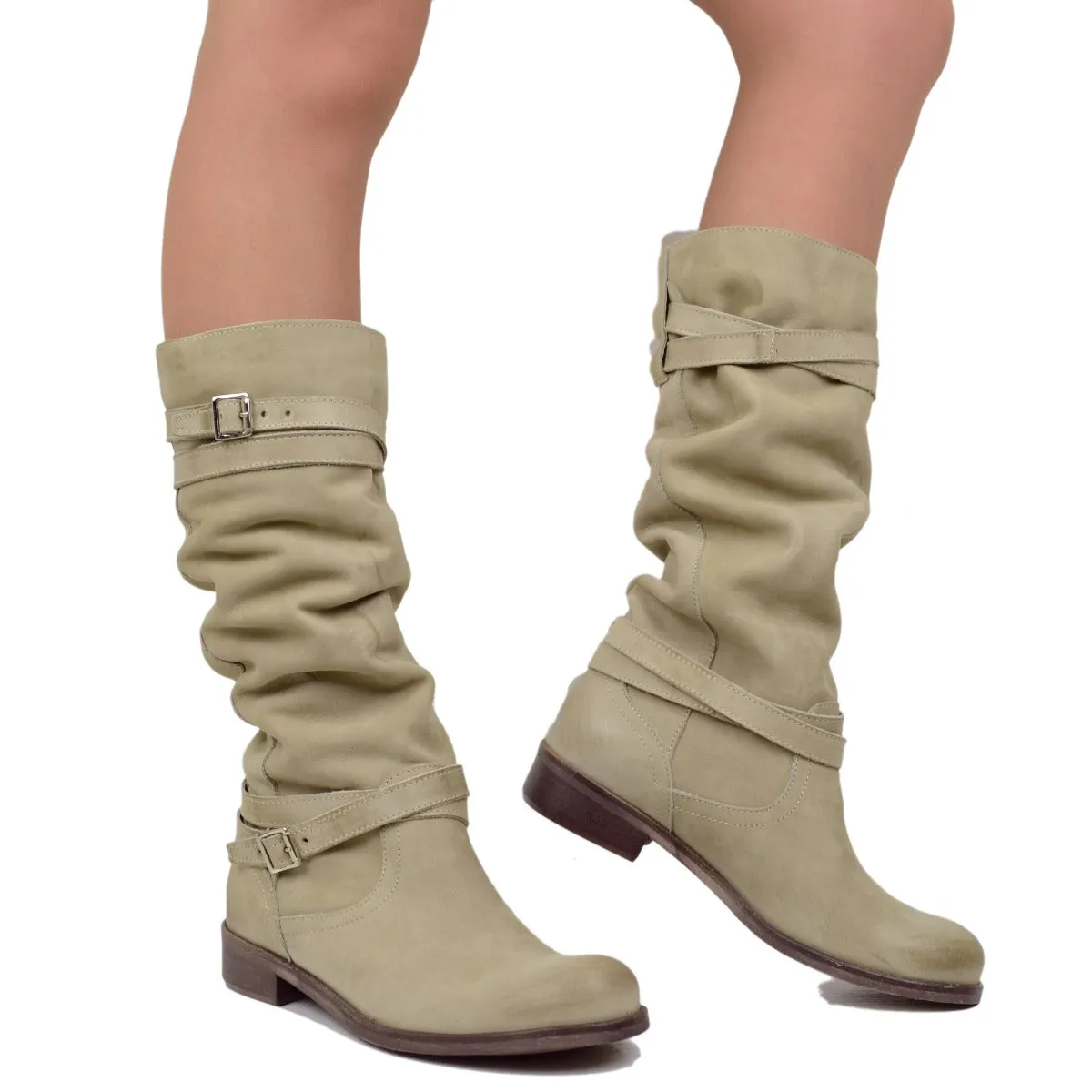 Stivali Donna Biker Estivi in Pelle Nabuk Taupe Made in Italy