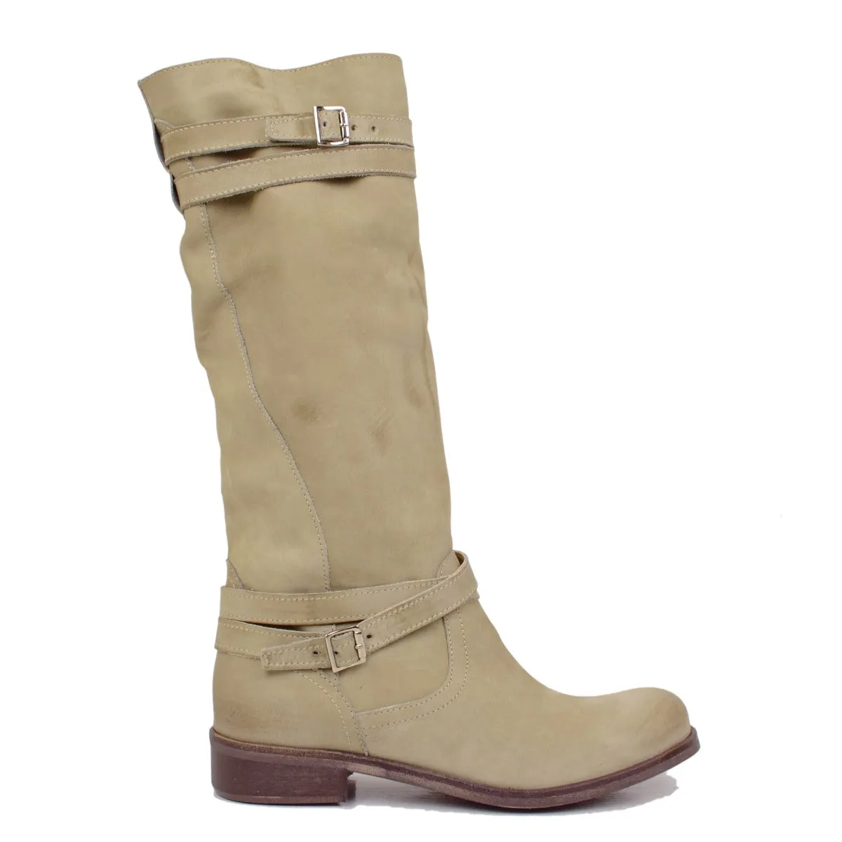 Stivali Donna Biker Estivi in Pelle Nabuk Taupe Made in Italy