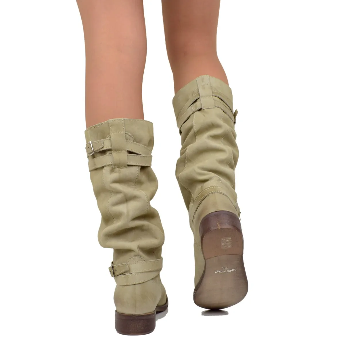 Stivali Donna Biker Estivi in Pelle Nabuk Taupe Made in Italy