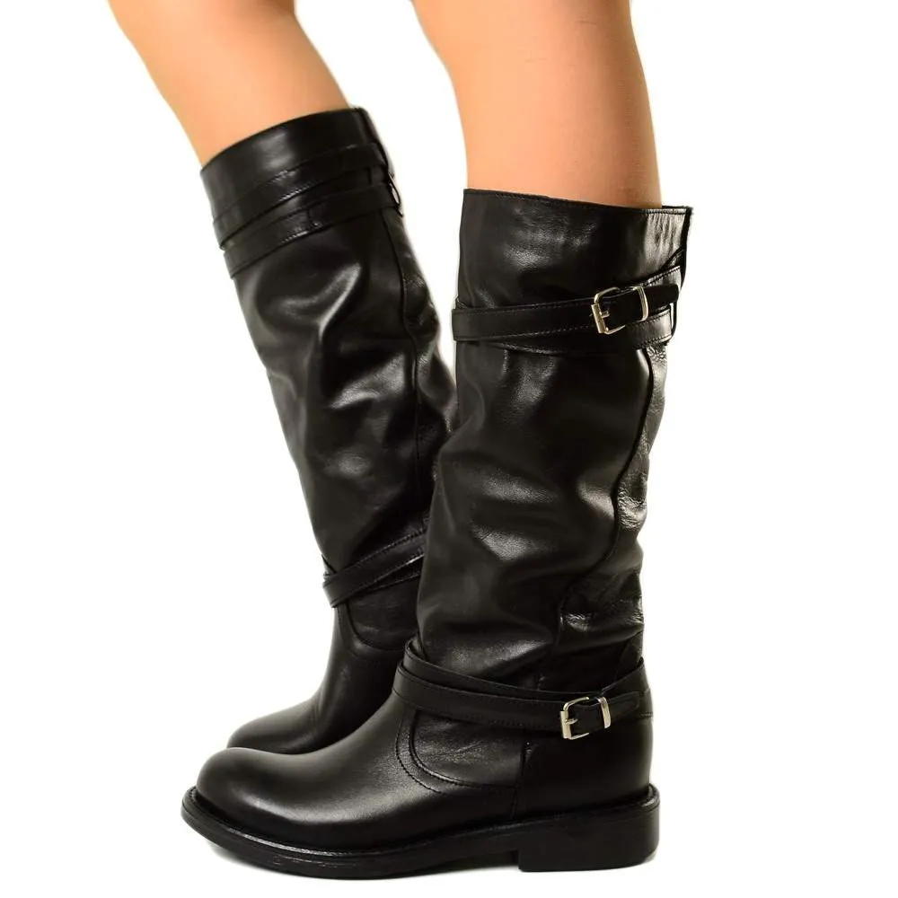 Stivali Donna Camperos Alti con Fibbie in Pelle Liscia Nero