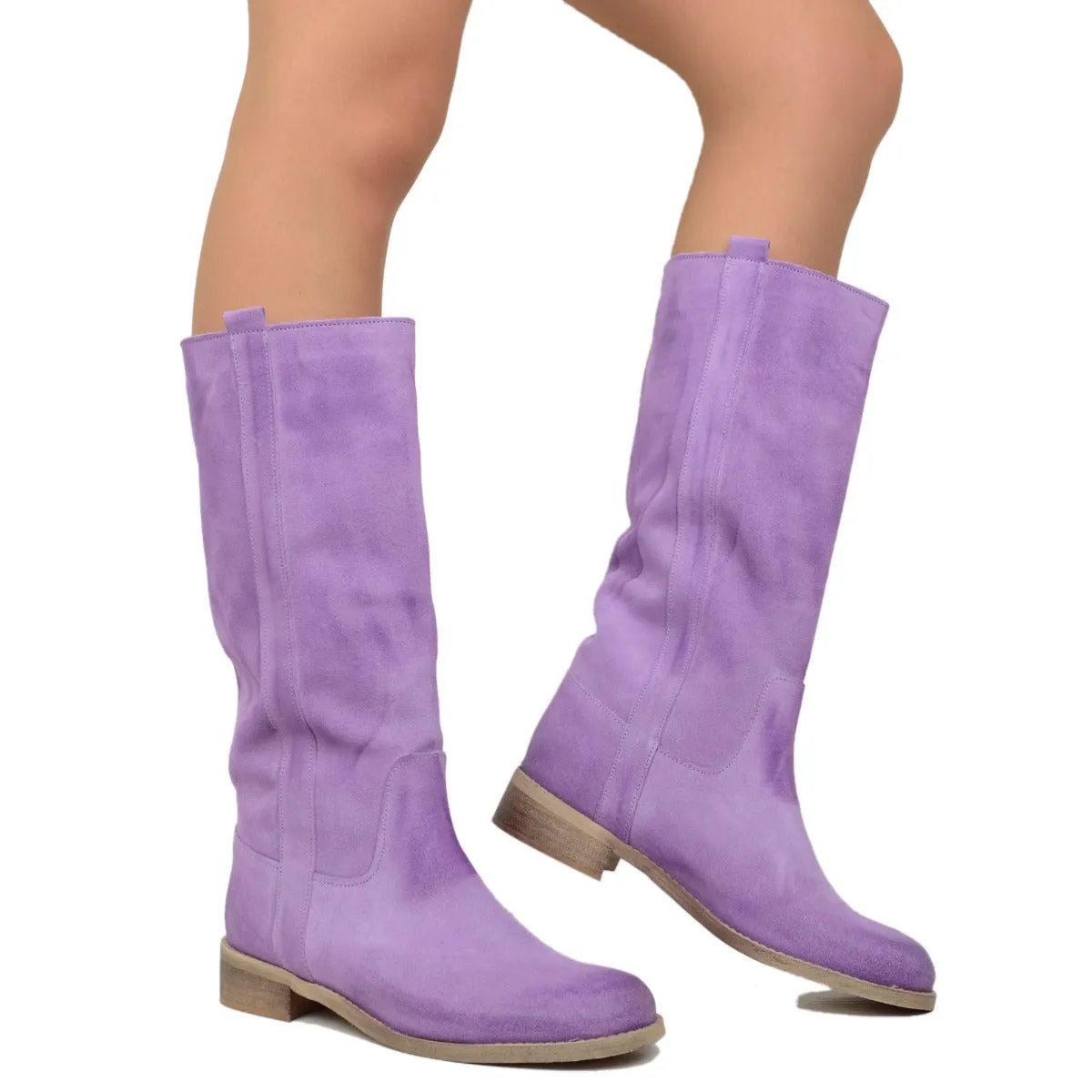 Stivali Donna Camperos in Pelle Scamosciata Lilla Made in Italy