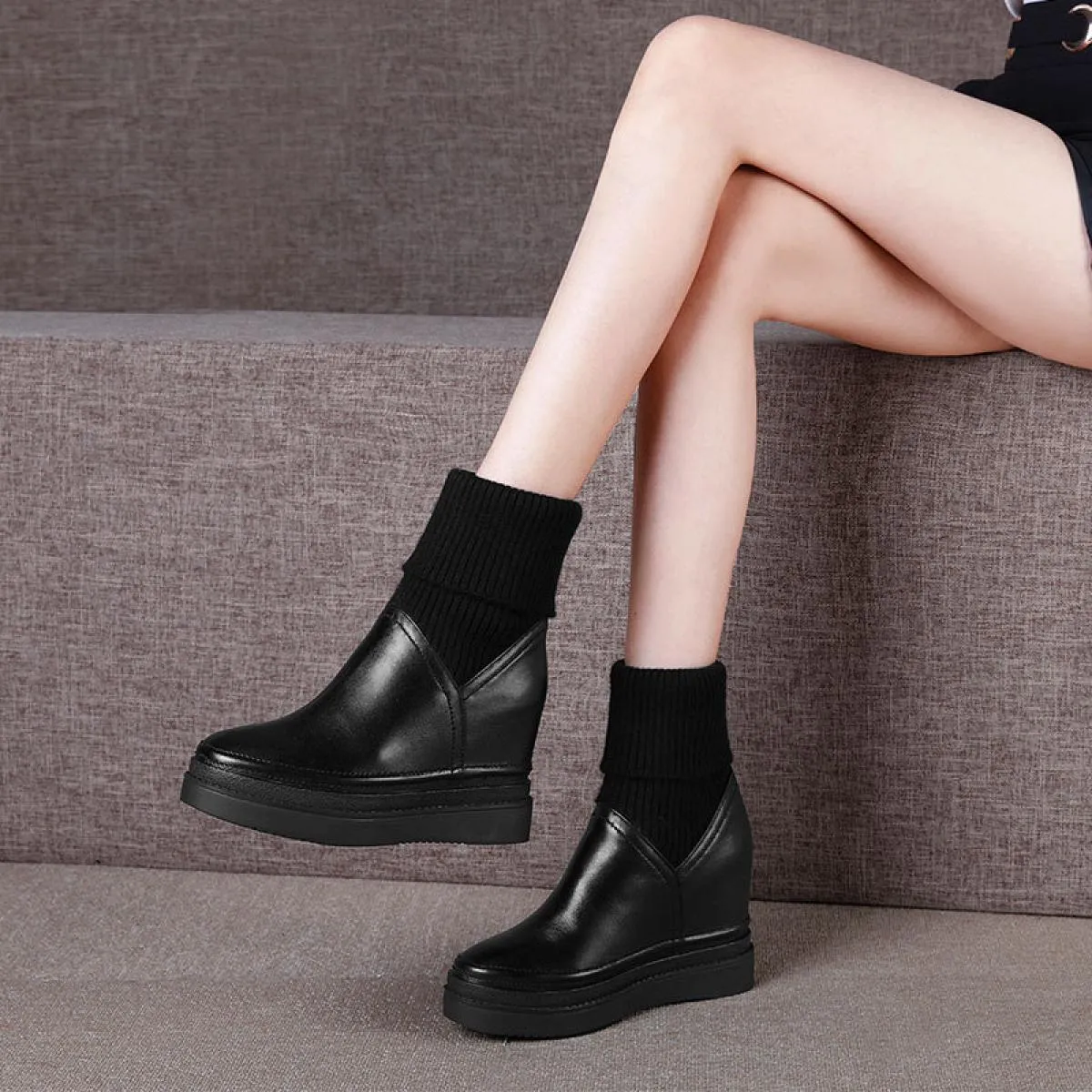 Stivali invernali in pelle da donna Stivali alti in pelle con zeppa e plateau Stivali con tacco da donna