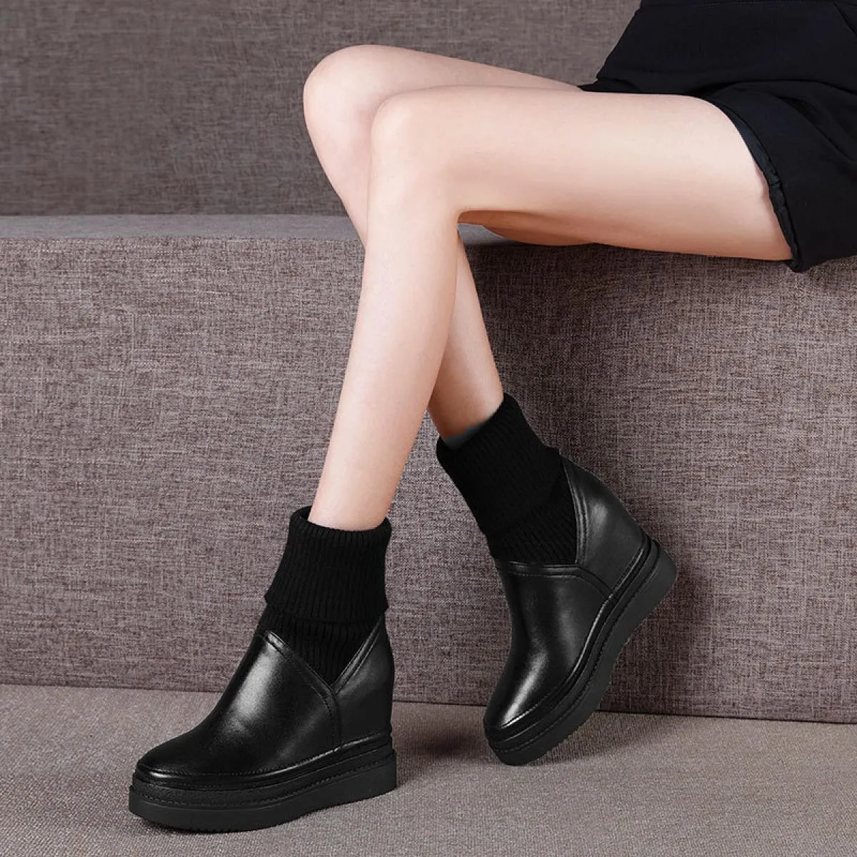 Stivali invernali in pelle da donna Stivali alti in pelle con zeppa e plateau Stivali con tacco da donna