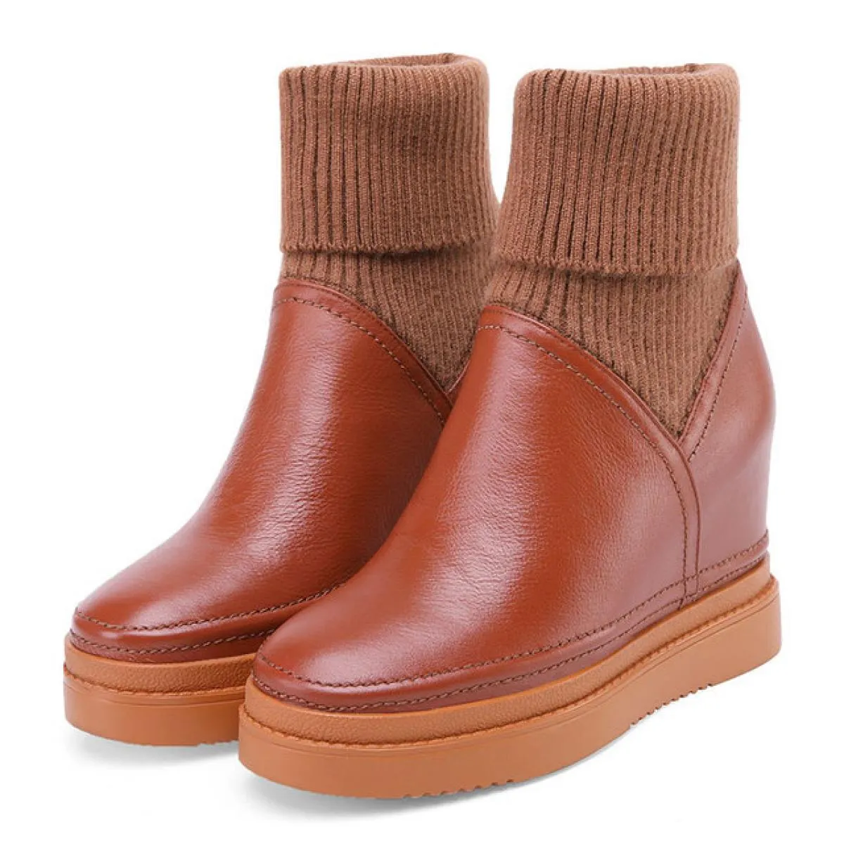 Stivali invernali in pelle da donna Stivali alti in pelle con zeppa e plateau Stivali con tacco da donna