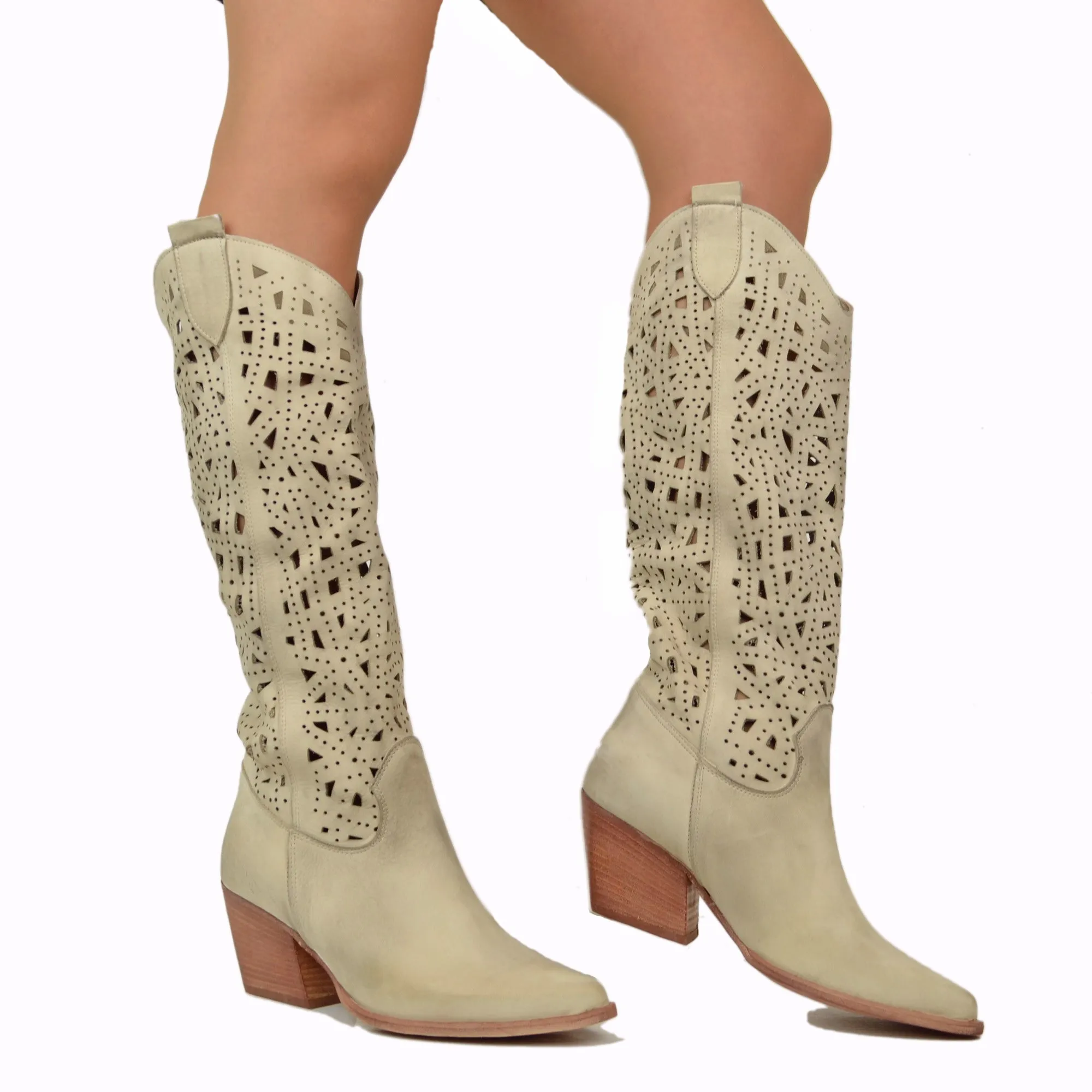 Stivali Texani Estivi Traforati in Nabuk Vintage Beige Made in italy