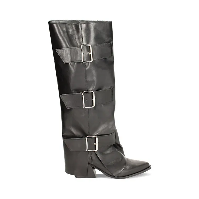 Stivali texani neri in pelle, tacco 7 cm