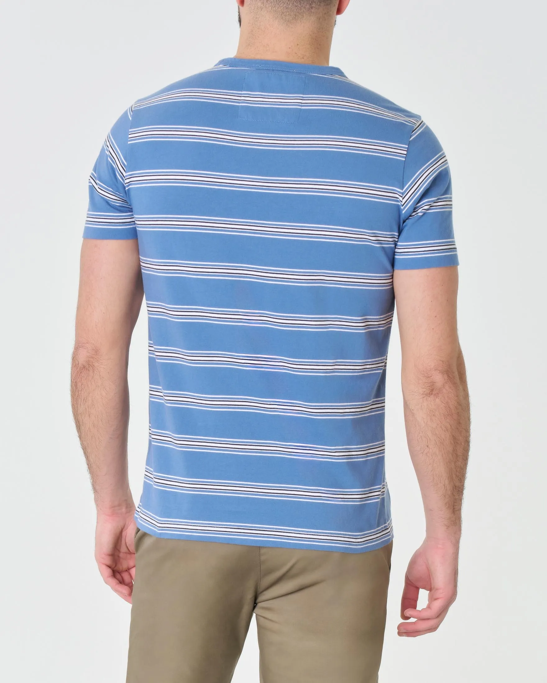 T-shirt blu indaco mezza manica in pima cotton a righette bianche con taschino