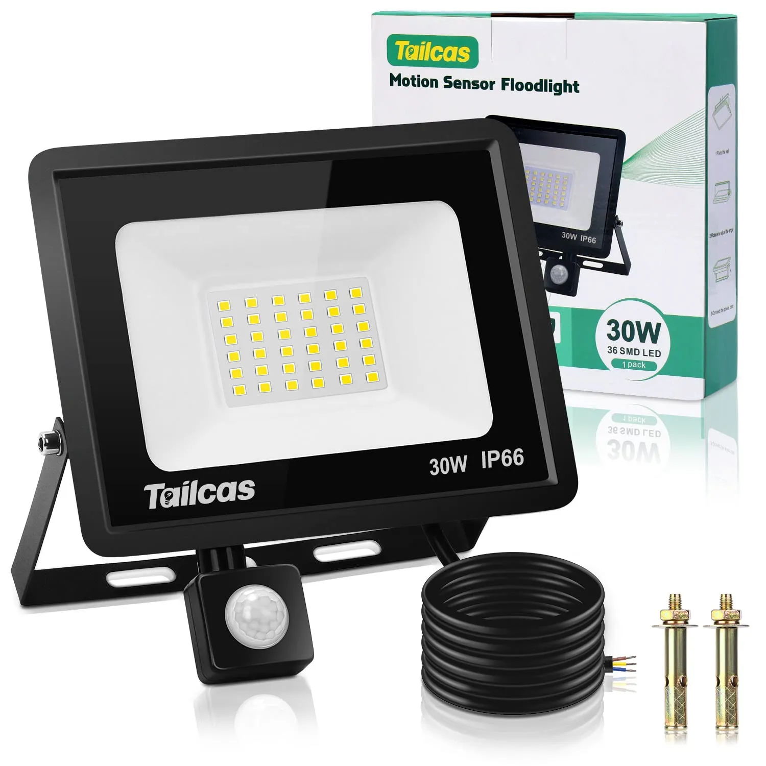 Tailcas 30W Faretto Led da Esterno con Sensore di Movimento, IP66 Impermeabile Faro Led Esterno 2700LM, 36 Leds 6500K Bianca Fre