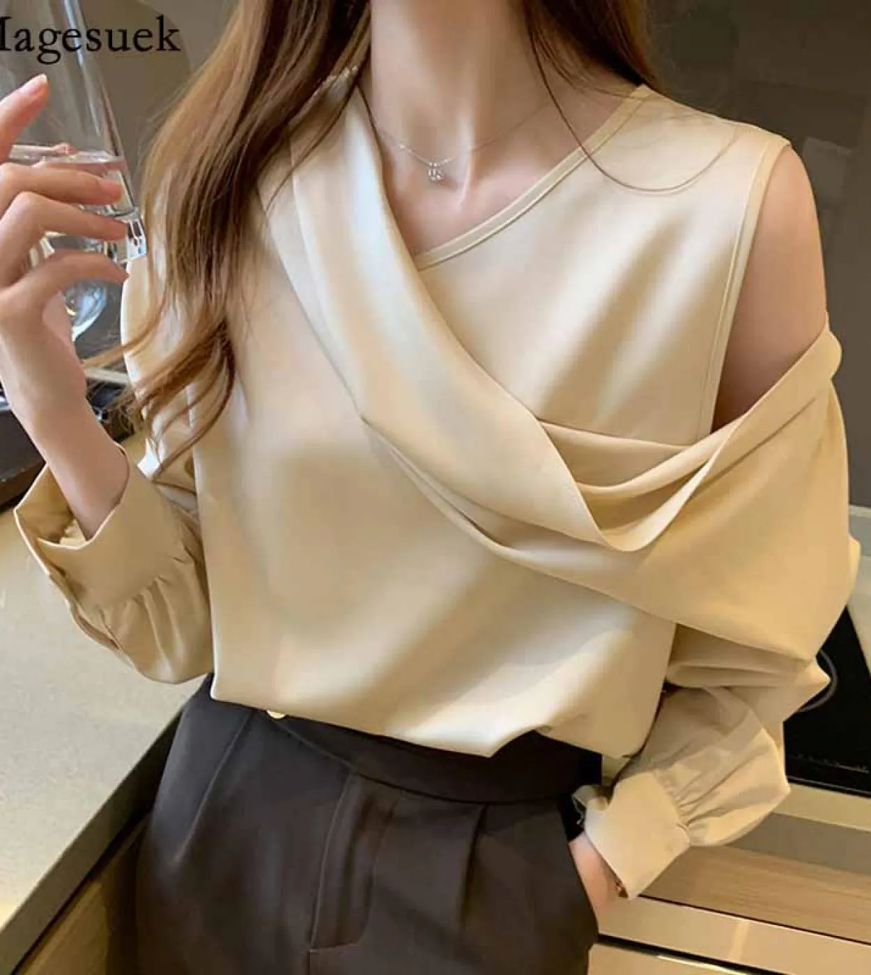 Vneck Slim Women Offshoulder manica lunga in chiffon camicetta autunno elegante camicia di raso Solid Ol Top Chemisier Femme 112