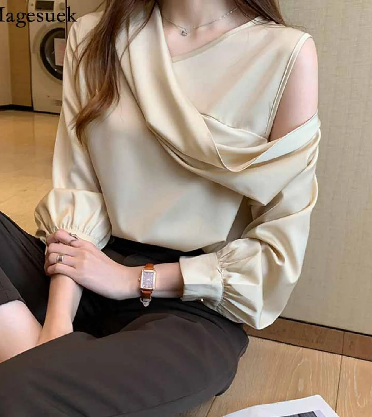 Vneck Slim Women Offshoulder manica lunga in chiffon camicetta autunno elegante camicia di raso Solid Ol Top Chemisier Femme 112