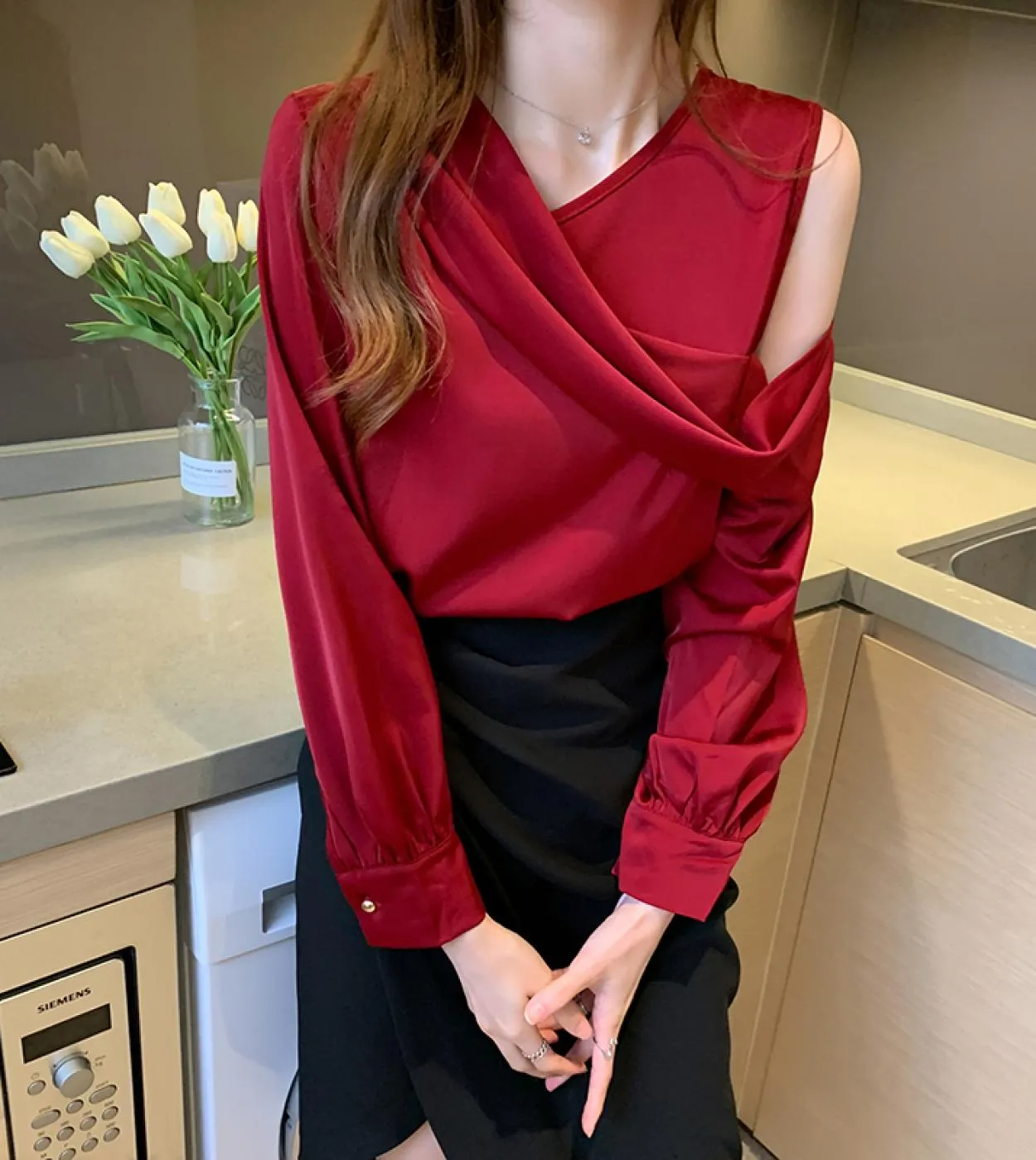 Vneck Slim Women Offshoulder manica lunga in chiffon camicetta autunno elegante camicia di raso Solid Ol Top Chemisier Femme 112