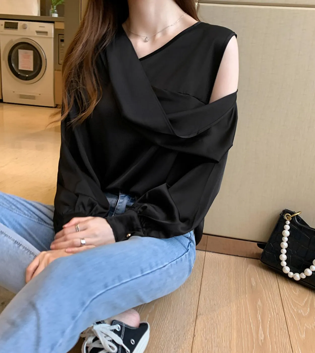 Vneck Slim Women Offshoulder manica lunga in chiffon camicetta autunno elegante camicia di raso Solid Ol Top Chemisier Femme 112